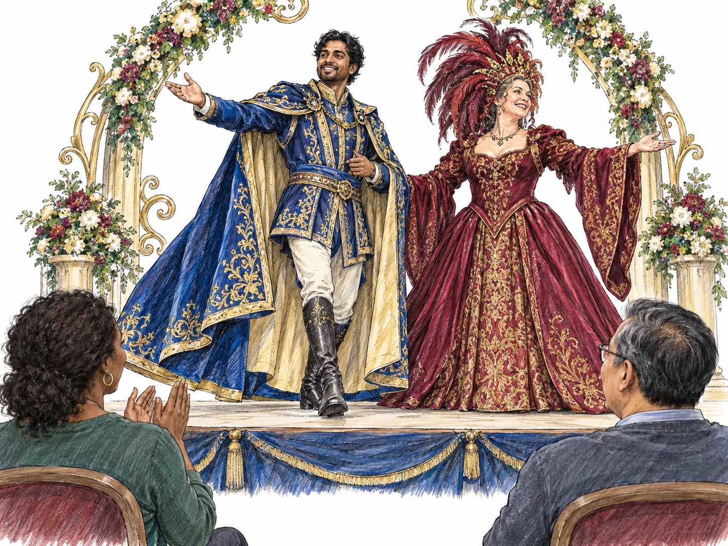An elaborate public stage pageant: two lavishly costumed performers make a ceremonial entrance beneath a floral arch, visibly watched by an applauding audience.