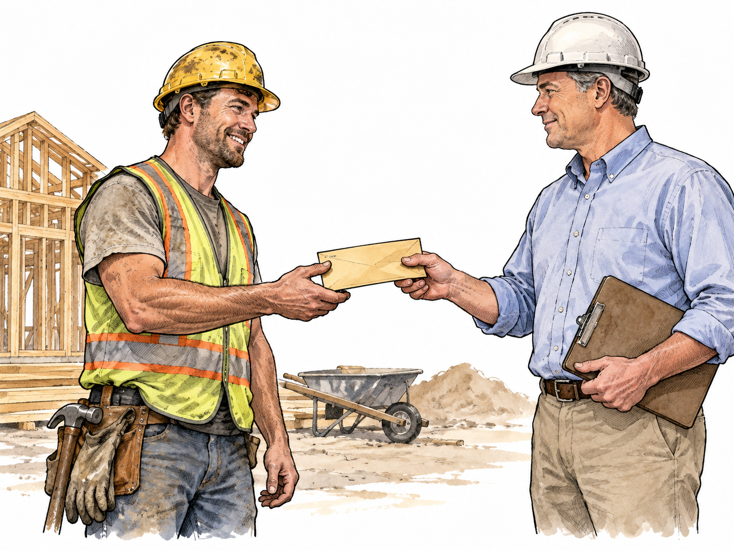 White construction worker receives pay envelope after completed work.
