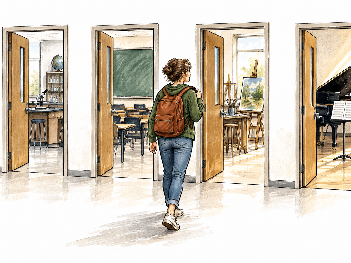 A university student freely chooses a painting class from several open classroom doorways, no signs.