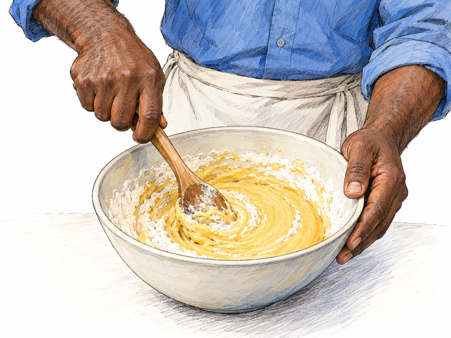 Close view of a cook using a wooden spoon to stir flour and beaten egg together in one mixing bowl, pale flour streaks becoming smooth golden batter along the spoon’s path.