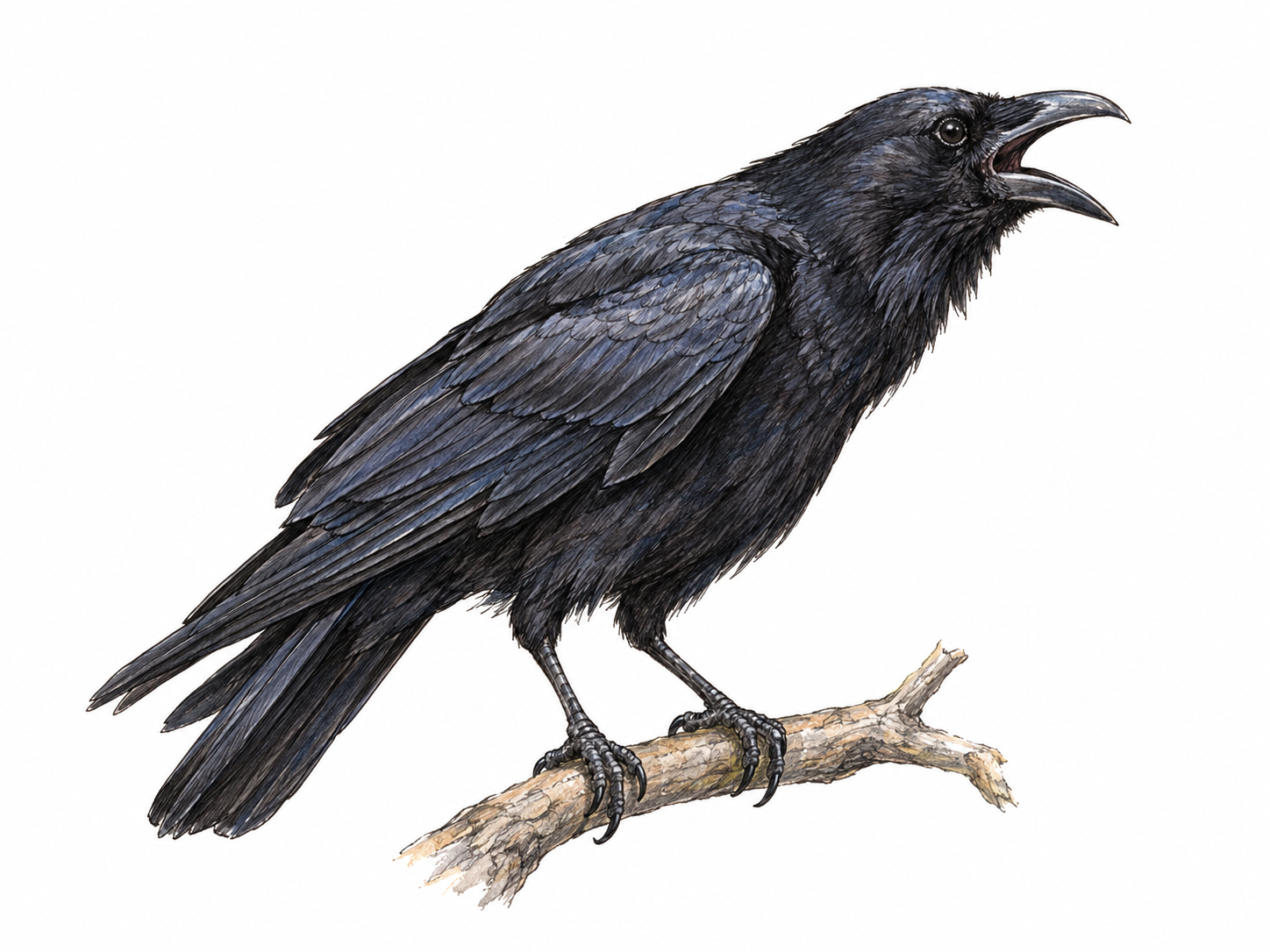 A single crow perched on a bare branch, its beak open and throat extended in the act of giving a harsh cry.