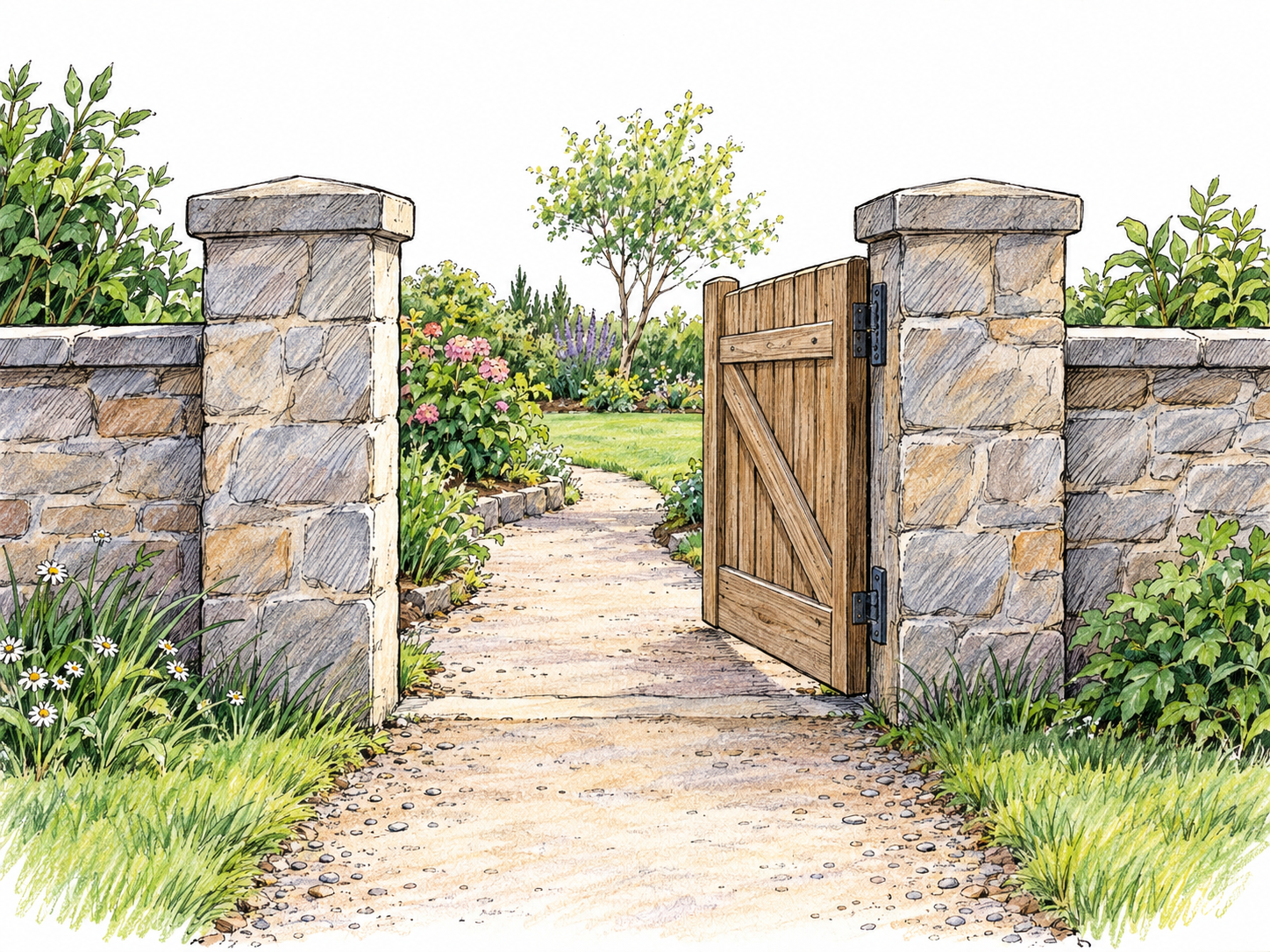 An open garden gate interrupts a low boundary wall, with a clear path leading from the foreground through the opening into the garden.