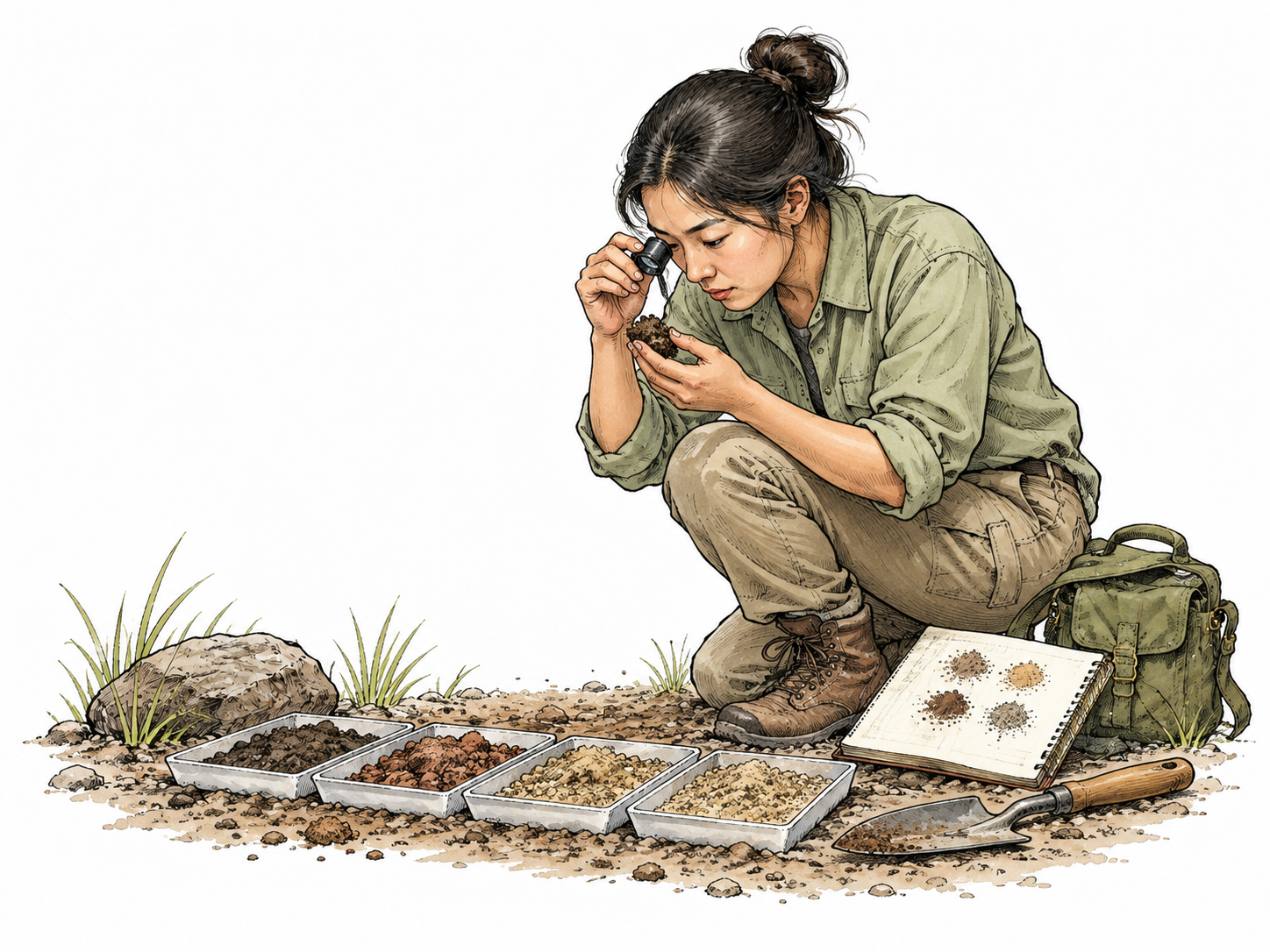 An East Asian scientist compares carefully arranged soil samples with a notebook and hand lens.