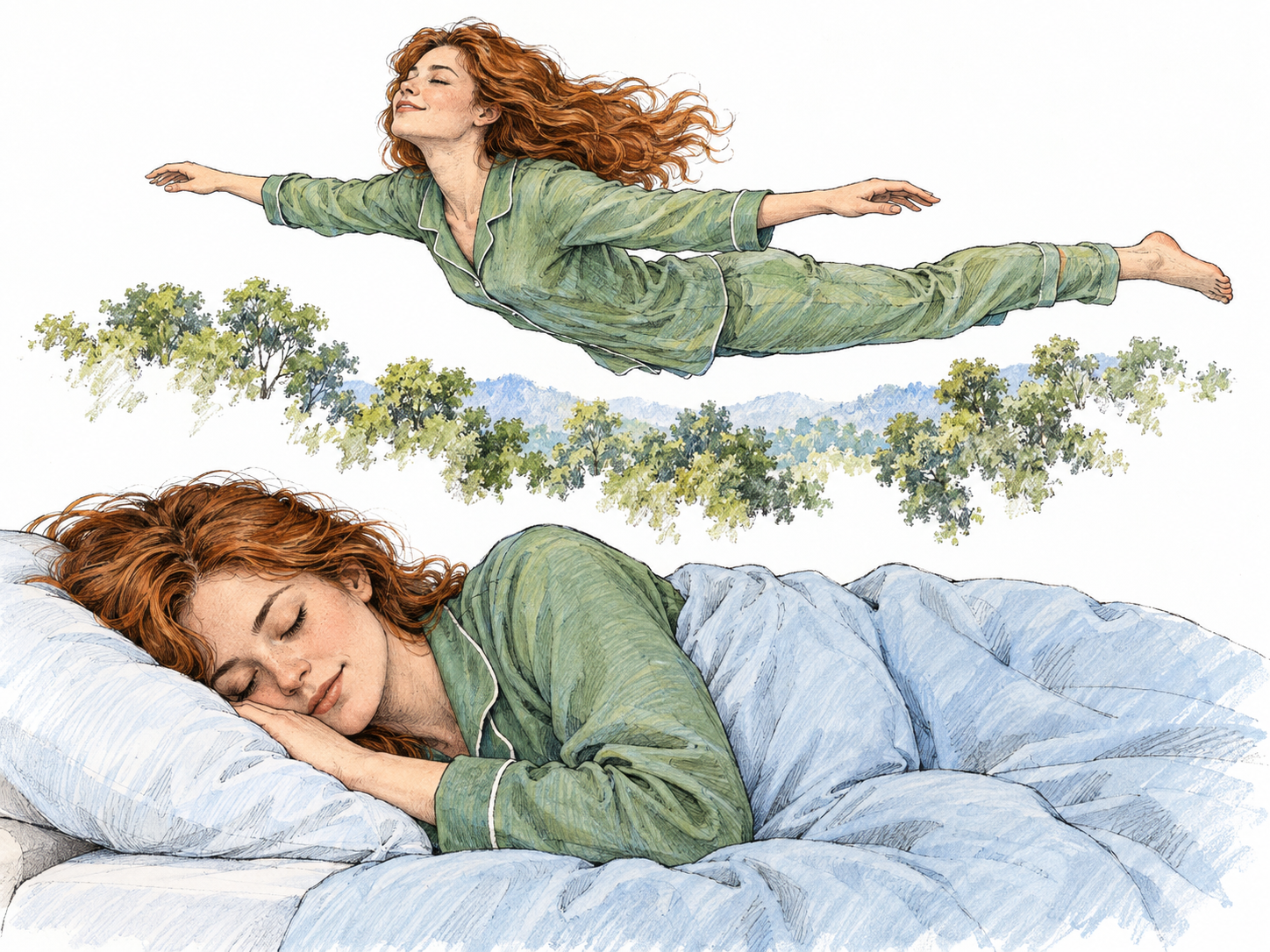 A visibly sleeping woman lies beneath a duvet while a borderless, softly dissolving dream scene above her shows the same woman flying over tiny treetops.
