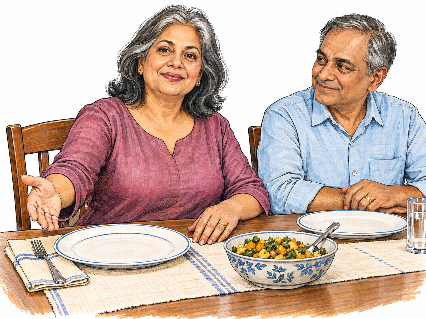 A dignified mature woman presides at the head of a simply set family dining table, with her similarly aged husband seated beside her.