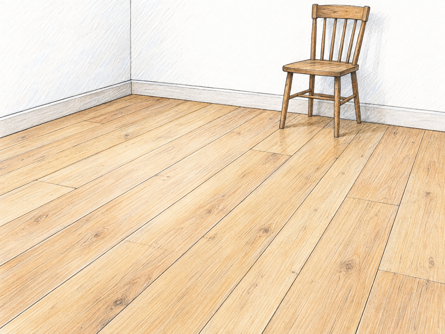 A simple room corner viewed slightly from above, with the exposed wooden floor occupying most of the image.