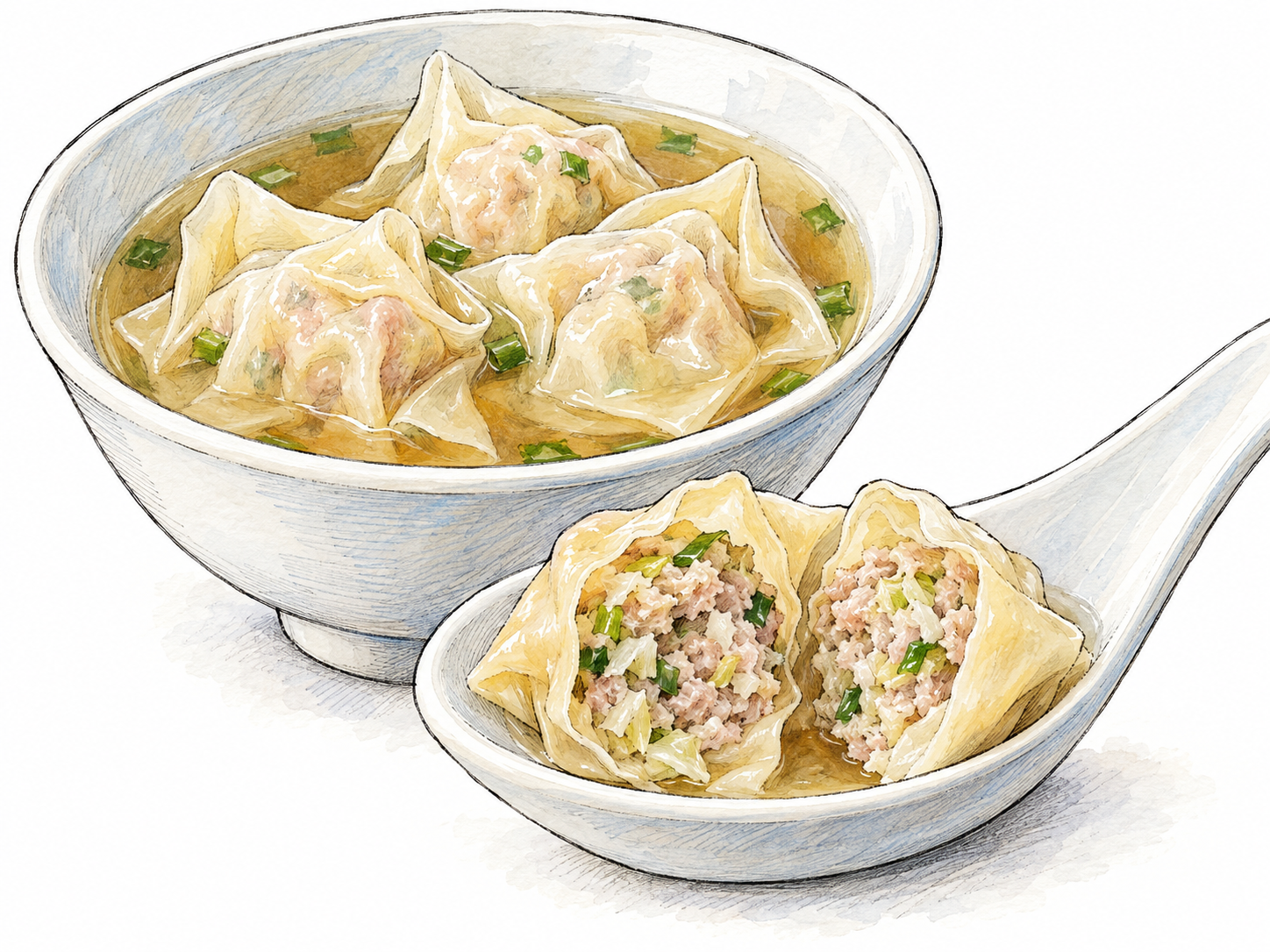 A close view of boiled wontons with thin, softly wrinkled wrappers and folded corners, including one cut open to reveal seasoned minced meat and vegetables.