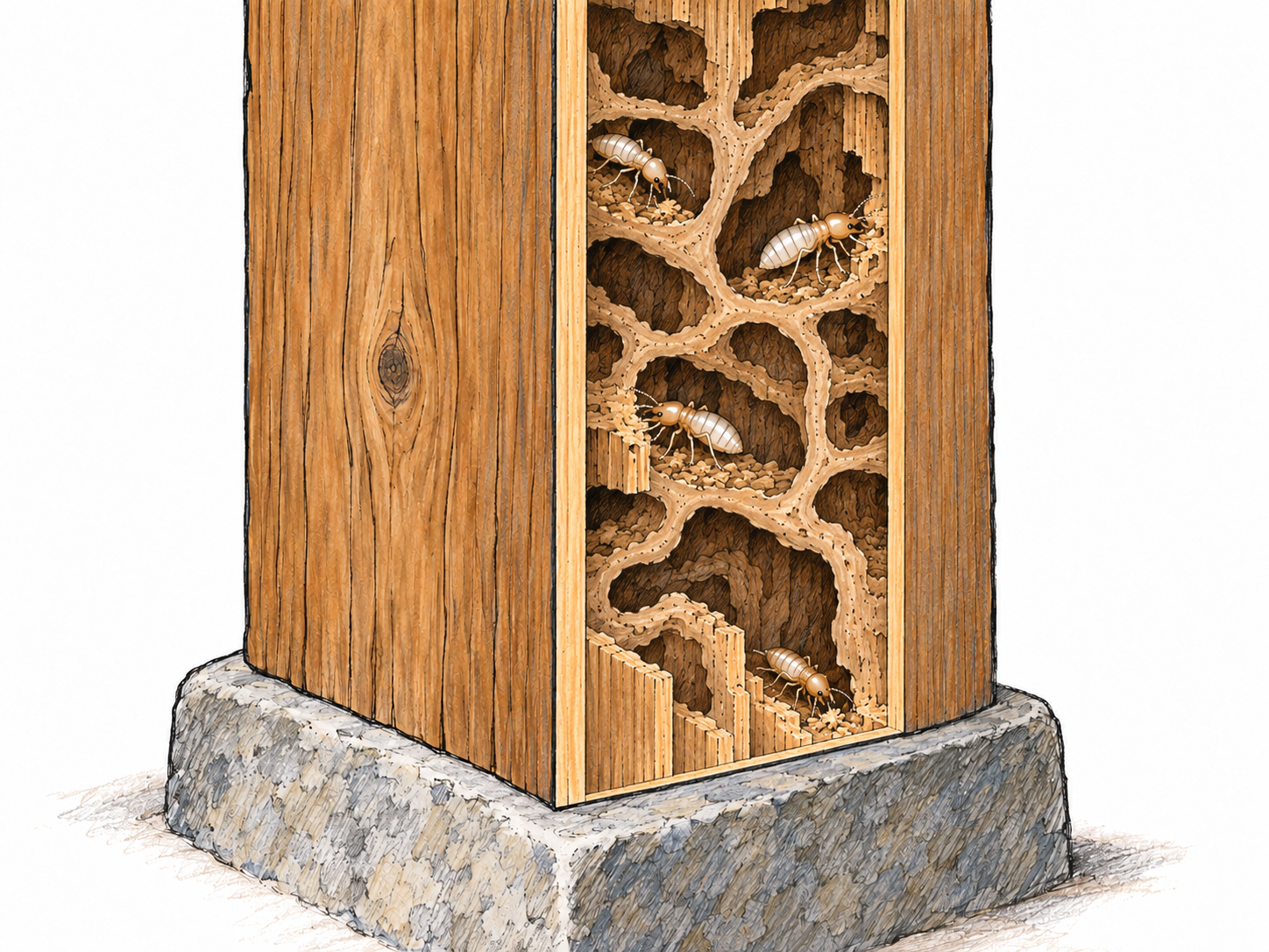 An apparently sound wooden support post conceals extensive termite damage: an illustrative cutaway reveals branching galleries hollowing out the interior beneath a thin, intact surface.