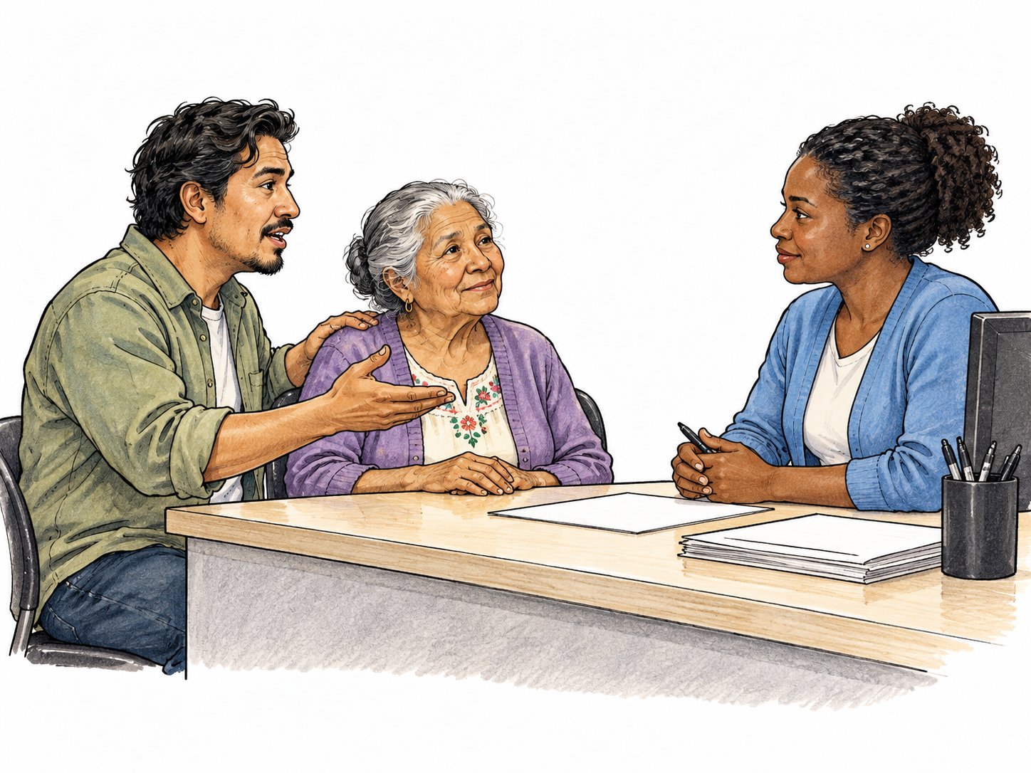 An adult speaks at a service desk on behalf of an elderly companion seated beside them, gently indicating companion while clerk listens.