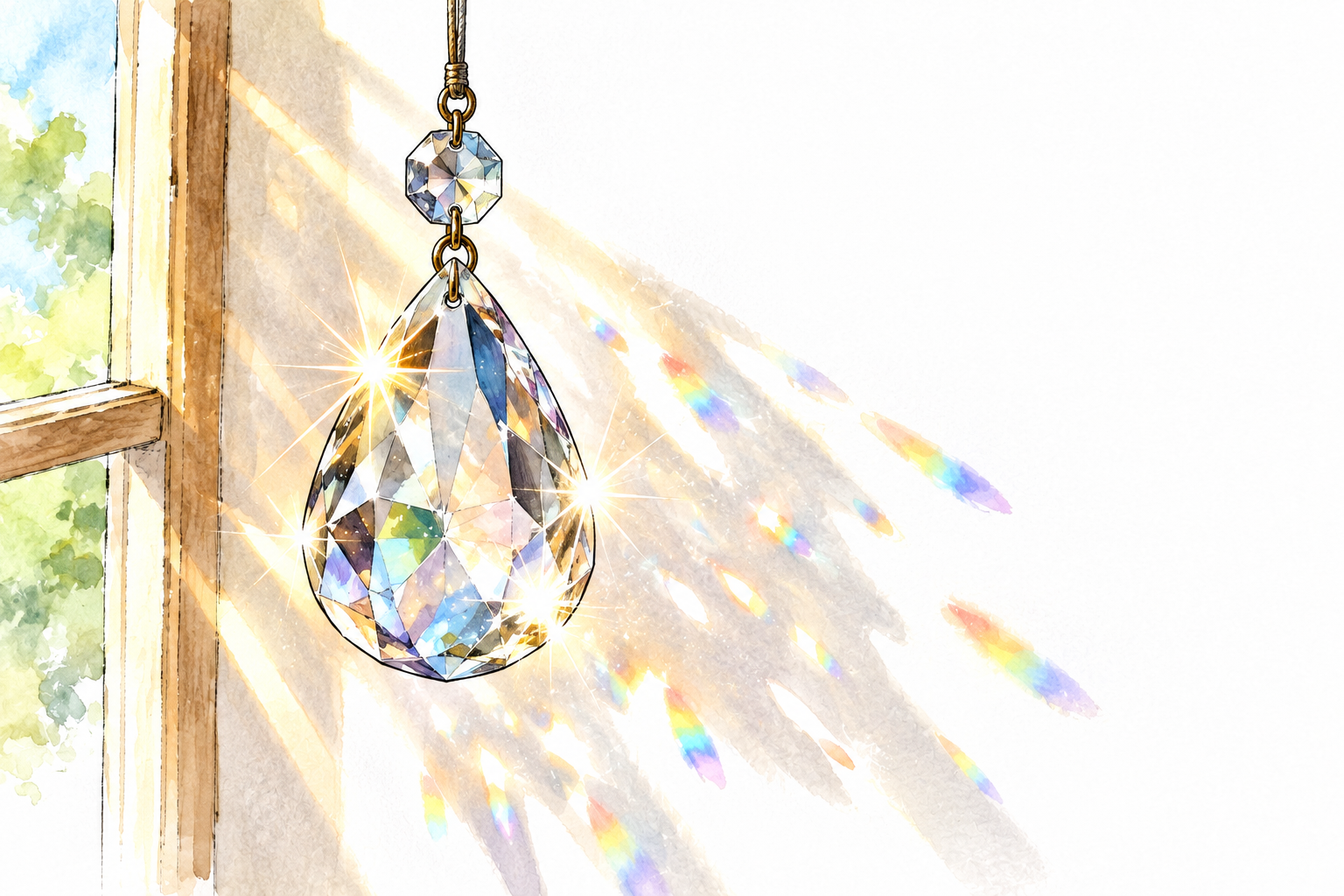 A hanging faceted crystal ornament catches sunlight and shines with many tiny bright flashes, glinting points and reflections make the glittering action clear, no people or text.