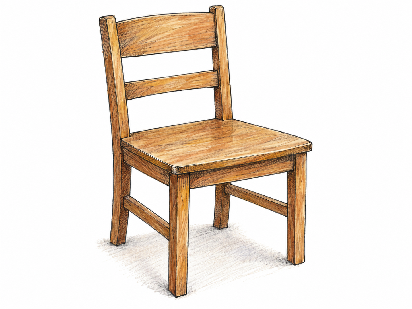 A single empty wooden chair in three-quarter view, with its broad sitting surface, supportive backrest, and four stable legs clearly visible.