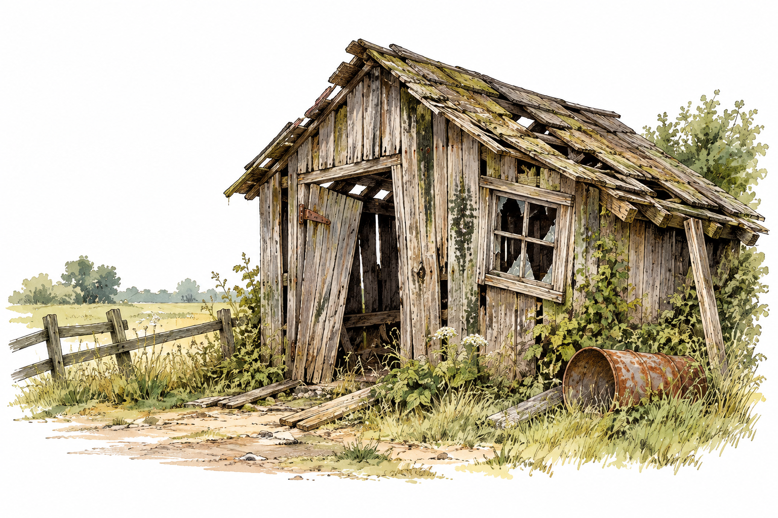 Abandoned wooden shed sagging with rotten boards and broken window, worn out by age, no text.