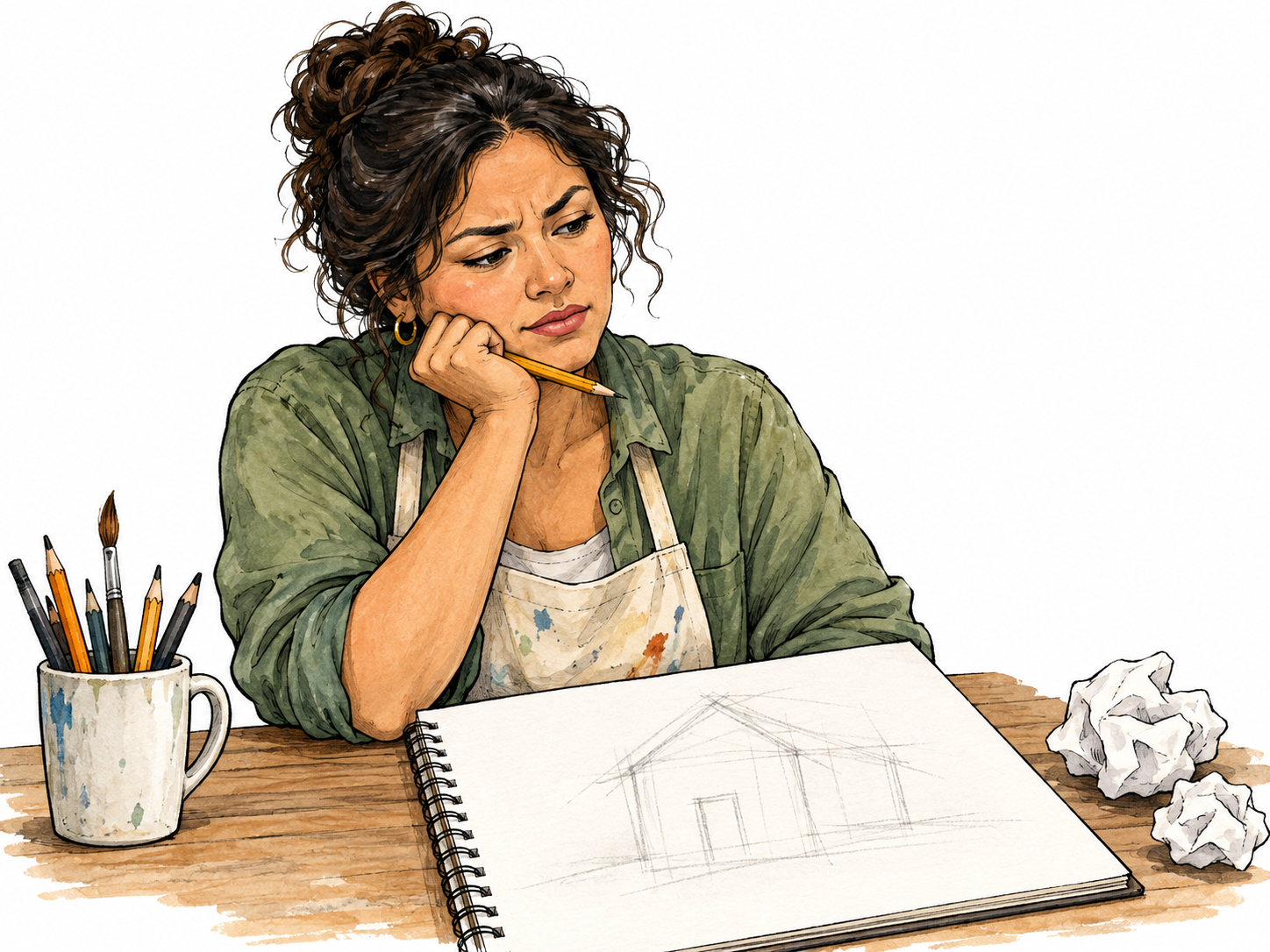 An artist's unfinished indistinct sketch shows only a few faint overlapping pencil outlines of a house, while the artist pauses uncertainly; unclear not fully formed idea, no words.