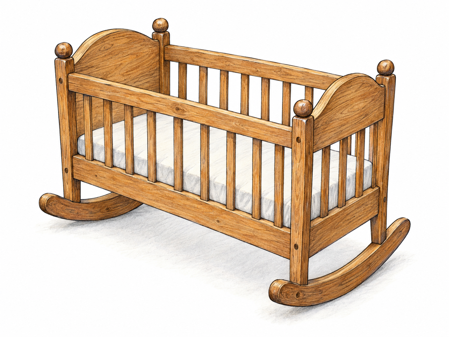 A small wooden baby cradle with high slatted sides, a fitted mattress, and clearly visible curved rocking runners, shown alone in three-quarter view.