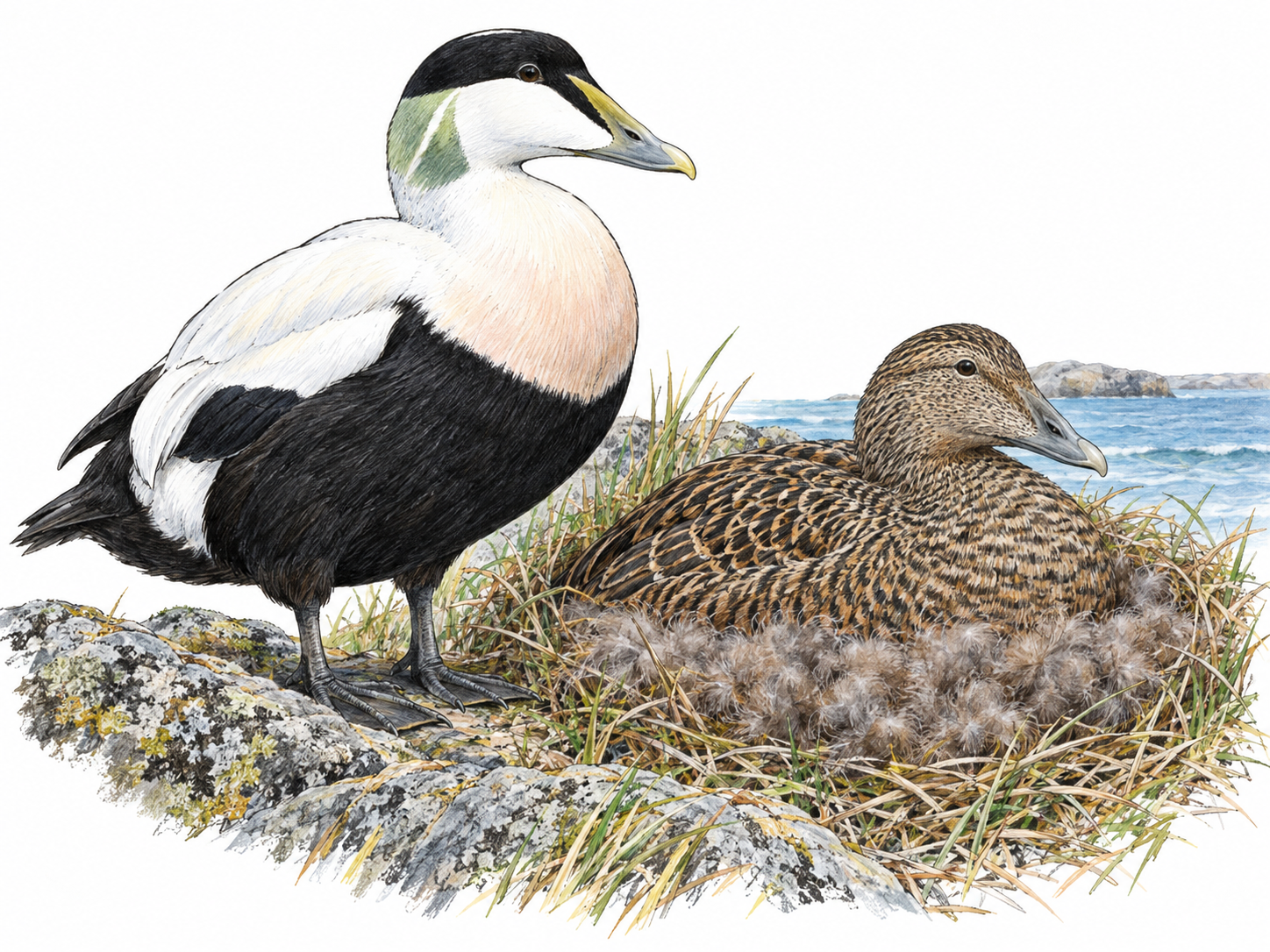 A recognizable male common eider beside a mottled-brown female on a down-lined nest at a sparse rocky seashore; exposed soft nest down connects the sea duck to its valued plumage.