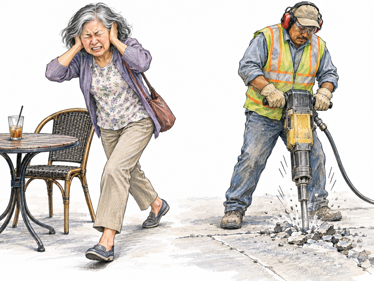 An older woman abandons a café seat beside loud pavement drilling, clamping both hands over her ears and recoiling away from the noise.