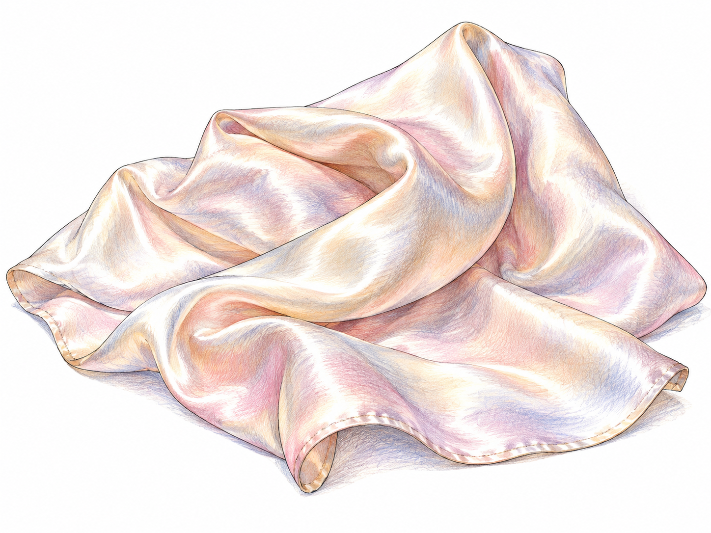 A softly draped piece of fine silk catches gentle light, showing smooth supple folds; colored-pencil sheen, never photographic fabric texture.