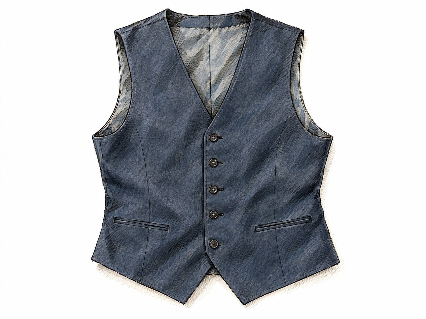 A single tailored vest displayed flat, with its sleeveless cut, open armholes, V-neck, and buttoned front clearly visible.