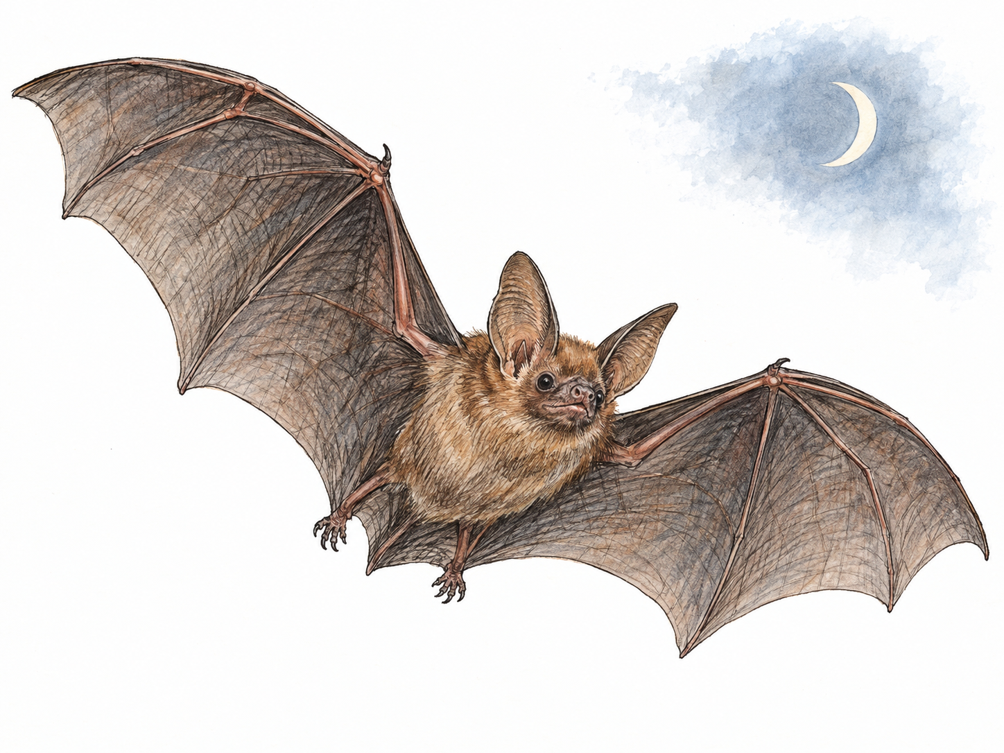 A single bat flies with its membranous wings fully extended, its furry body and large ears clearly visible; a small crescent moon supplies a restrained nighttime cue.