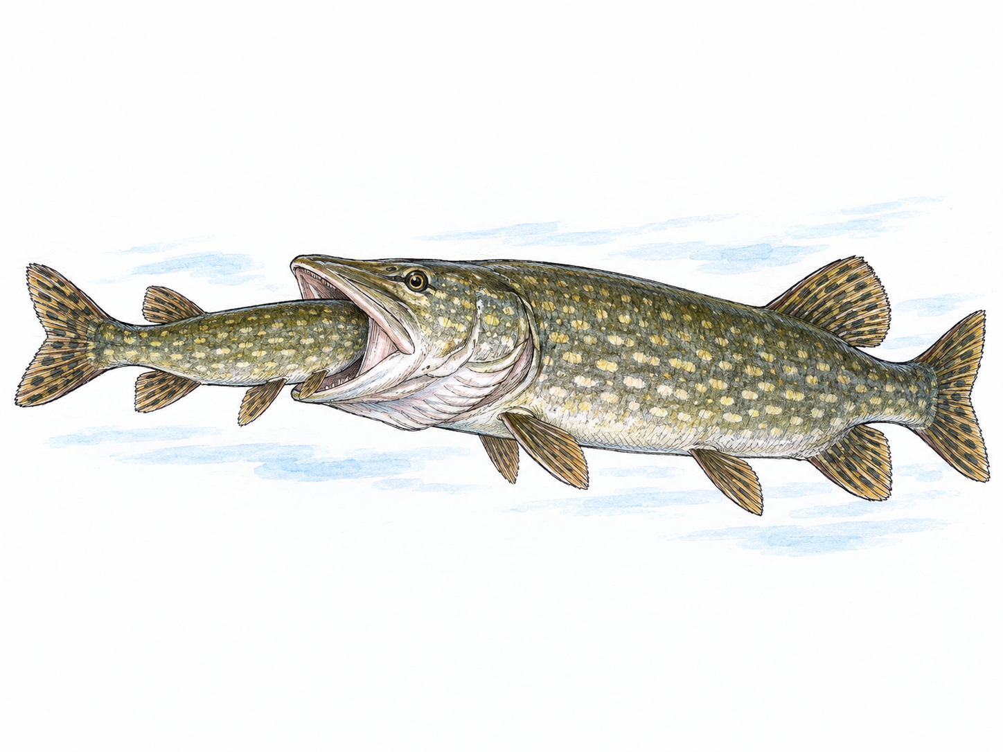 A large northern pike swallowing a smaller northern pike headfirst, with the smaller fish's matching patterned body and tail still visible.