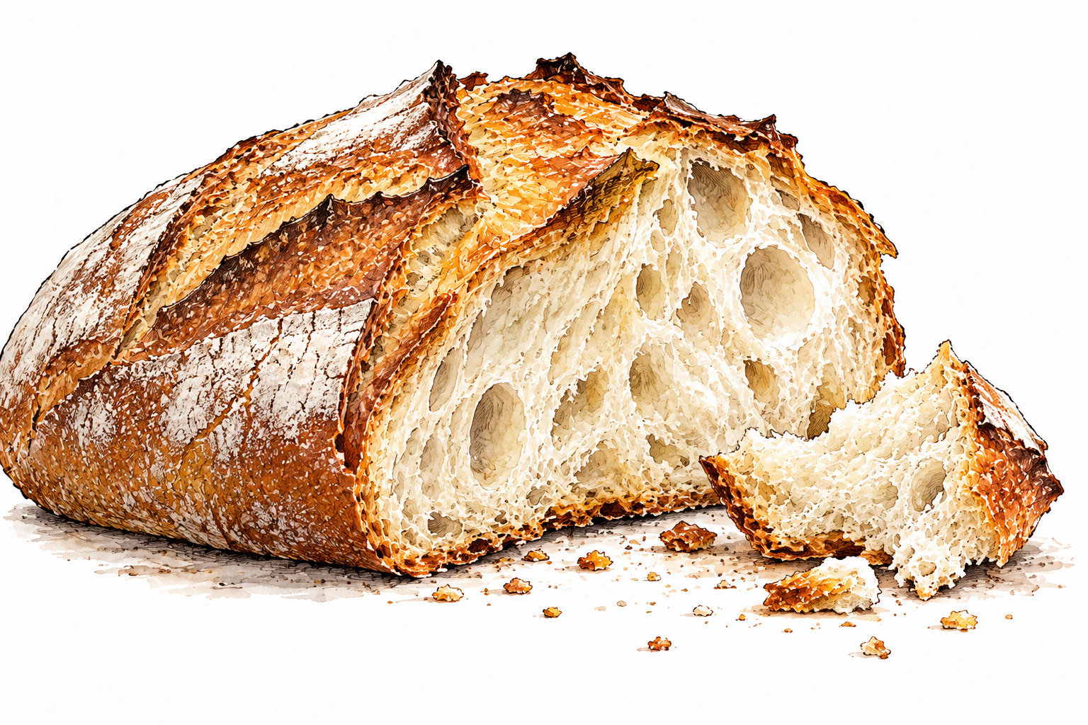 Close view of thick crisp bread crust and soft interior crumb.