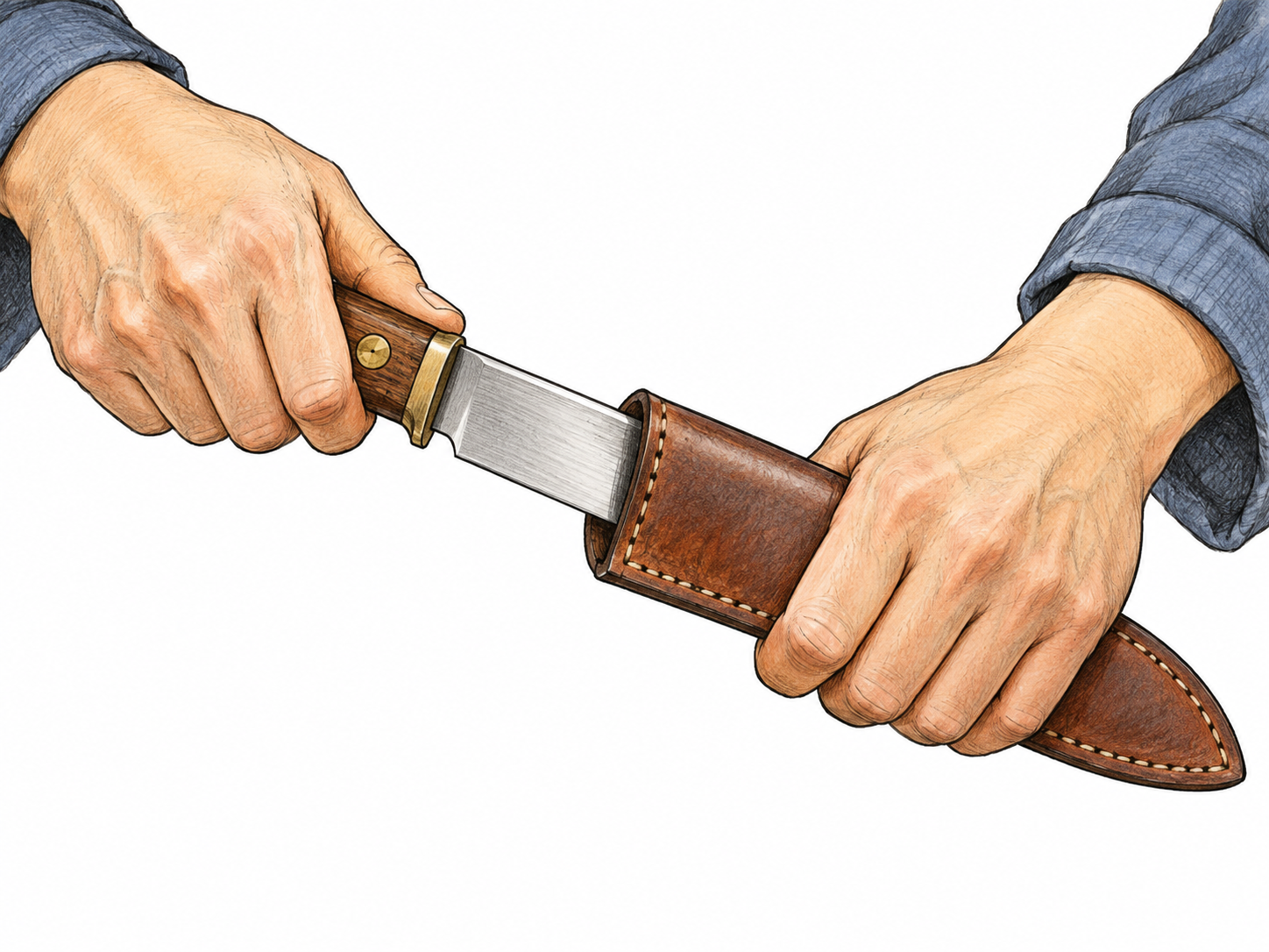 Two hands safely slide a plain knife blade into its fitted leather sheath, one hand holding the handle and the other gripping the sheath away from the opening; no instruction steps or lettering.