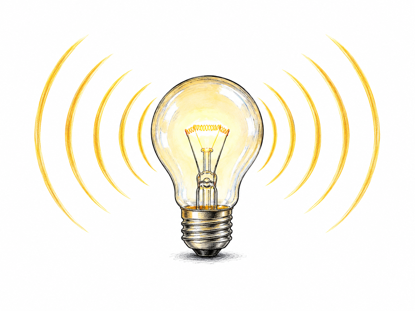 Small light bulb emits concentric wavefront arcs into surrounding white space, waves drawn with restrained golden ink strokes; emitted energy clear, no labels or hazard scene.