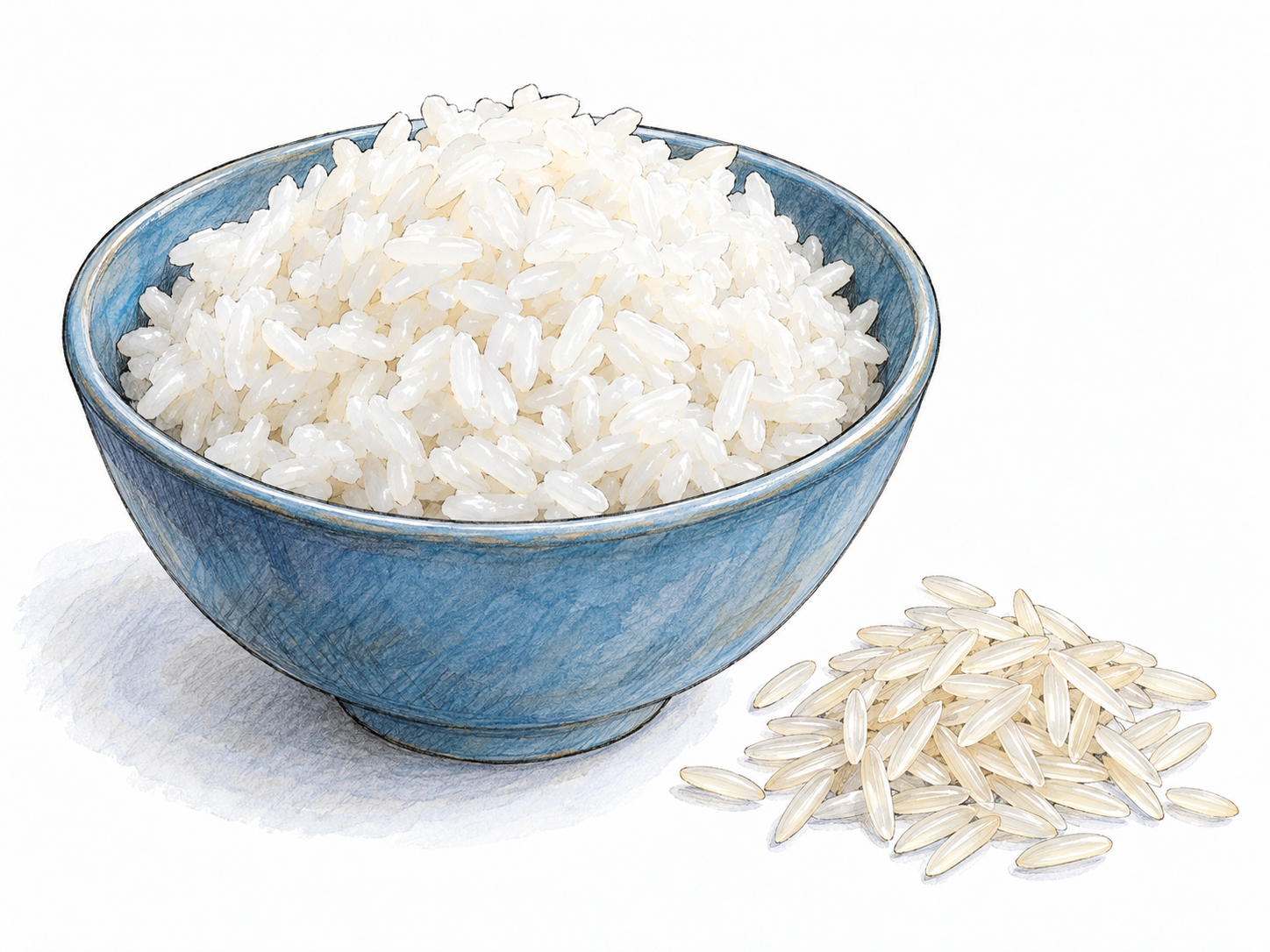 A simple ceramic bowl of cooked white rice beside a small pile of uncooked rice grains, making the recognizable edible grains the sole subject.