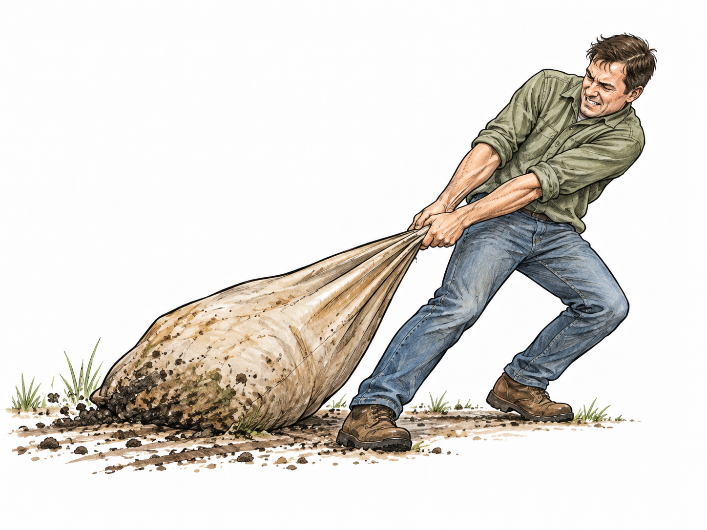 An adult leans back pulling a heavy garden sack across the ground with visible effort and drag marks, no text on sack.