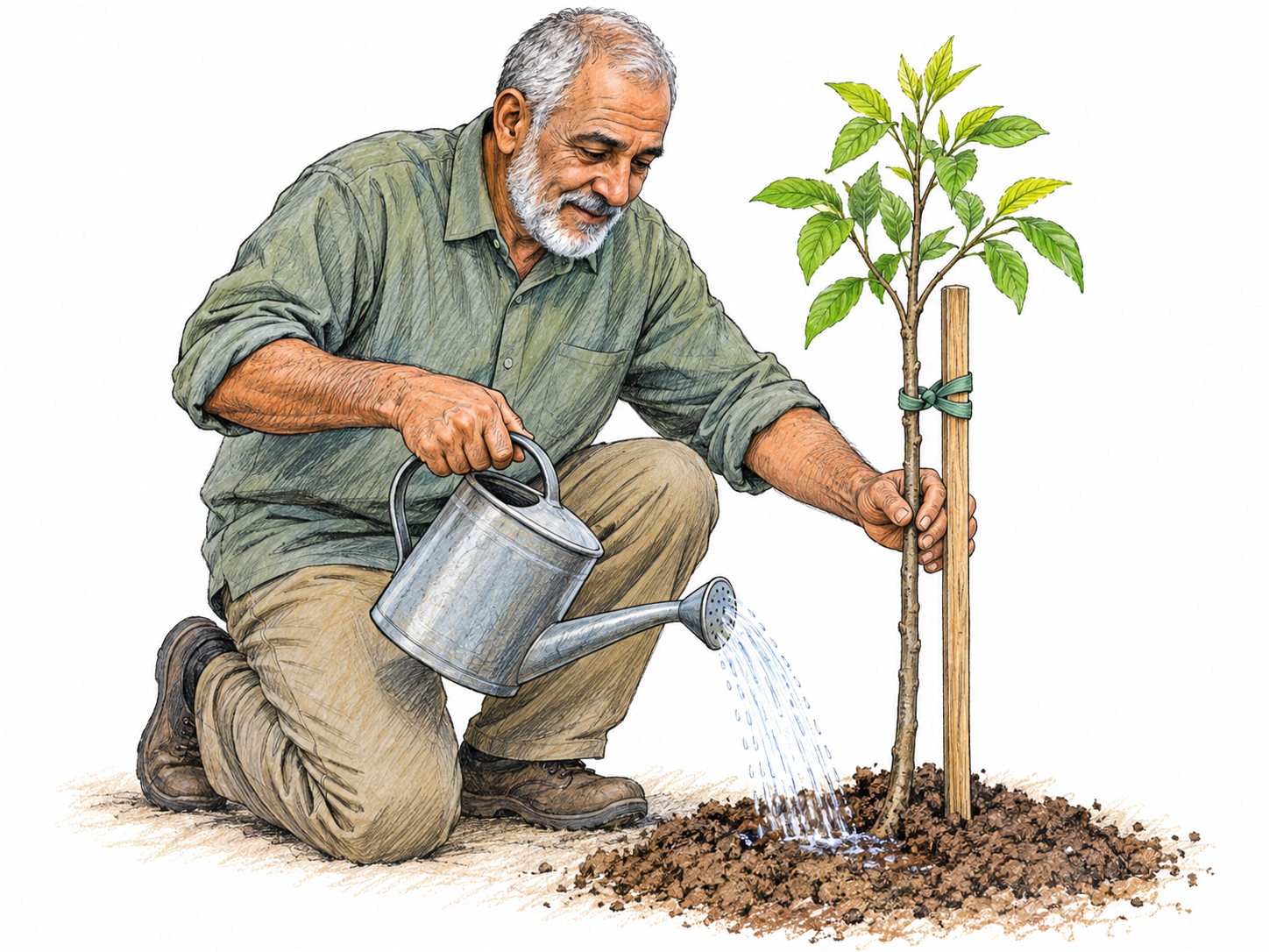 An older gardener gently supports a young sapling with a loose tie to a stake while watering its roots, visibly nurturing its developing growth.