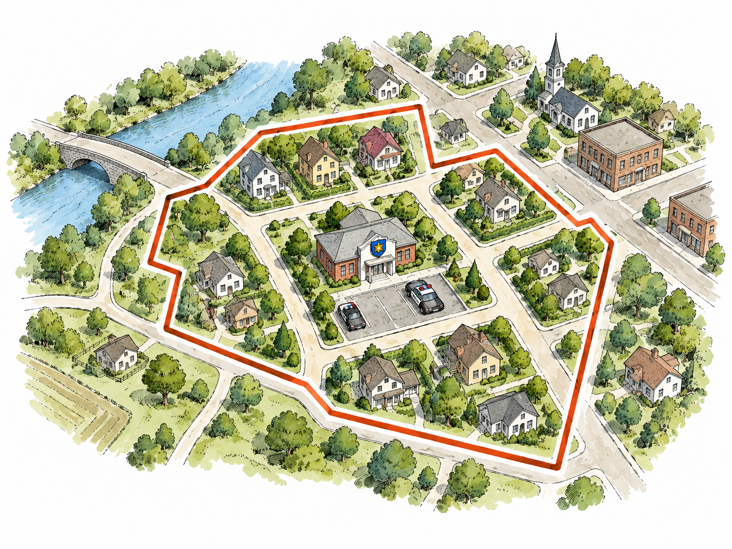 A small town map with one local administrative district outlined clearly around a police station, no labels.