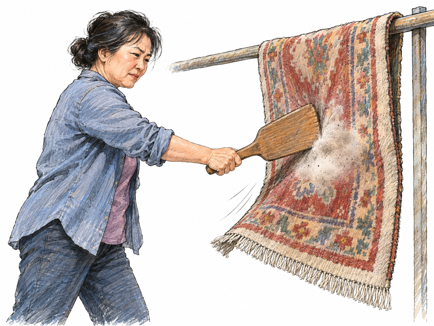 A middle-aged East Asian woman sharply strikes a hanging rug with a flat paddle, catching the instant the rug dents and a small puff of dust bursts away.