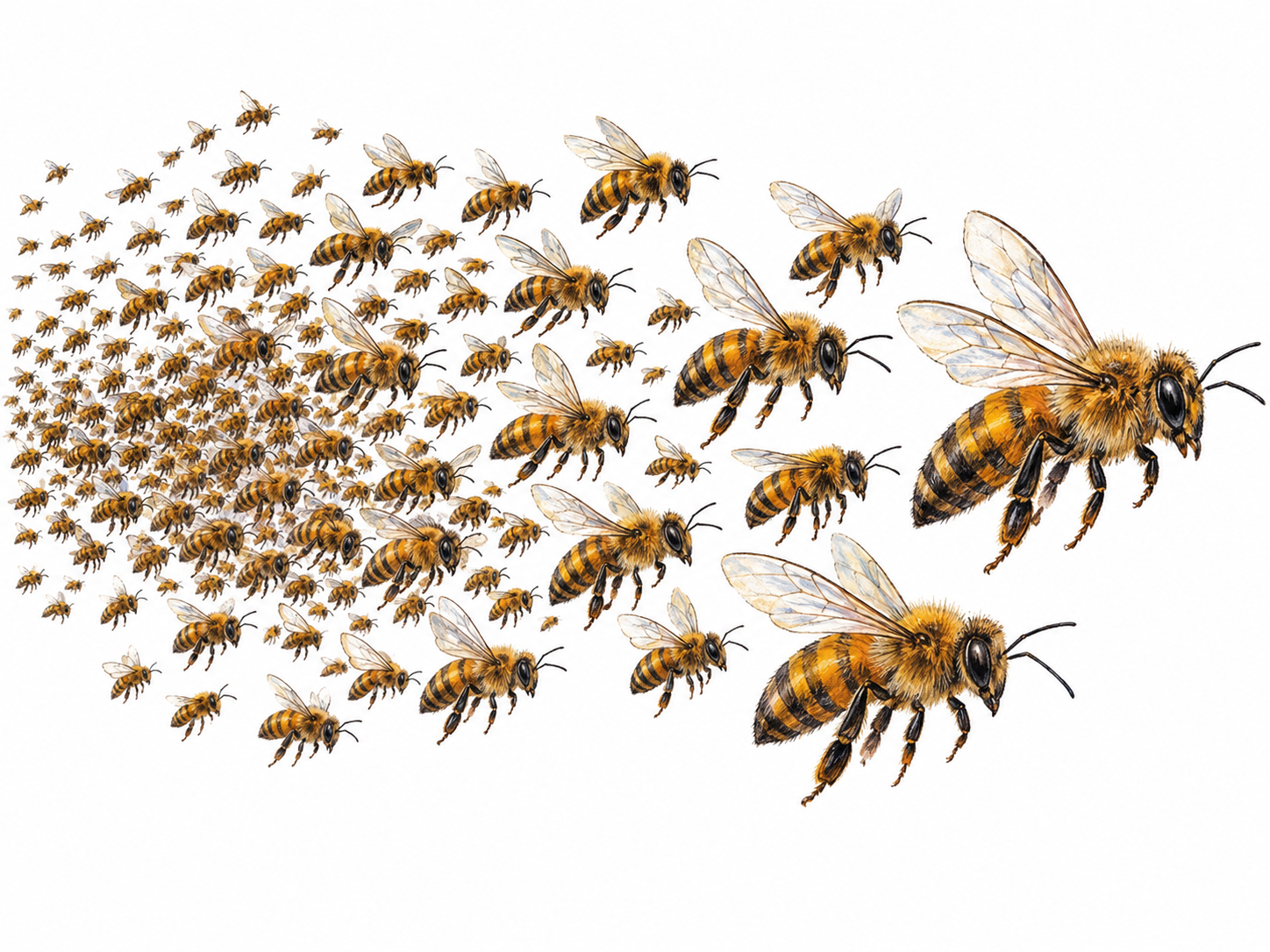 A dense airborne swarm of honeybees moving together across open space, with several clearly recognizable bees at the leading edge and many smaller bees forming the continuous group behind them.