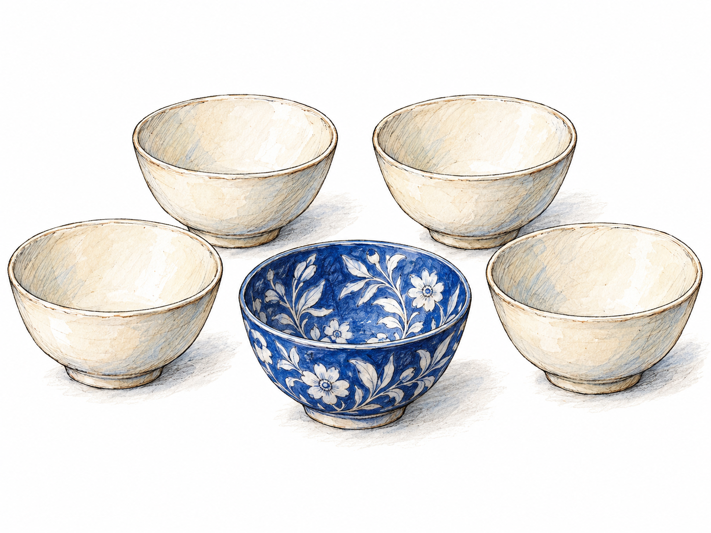 One finely decorated ceramic bowl stands out among several plain bowls of the same size and shape, making its distinctive character immediately visible.