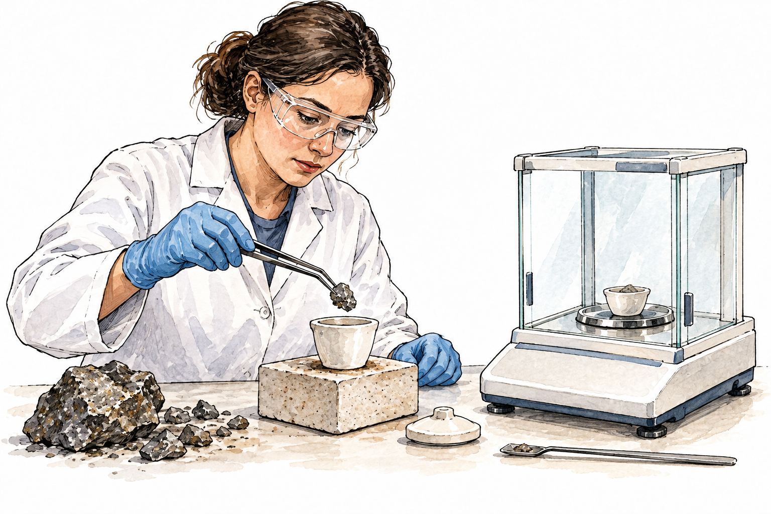 Modern lab technician tests a small ore sample using crucible and precision balance, content-quality test, no labels.