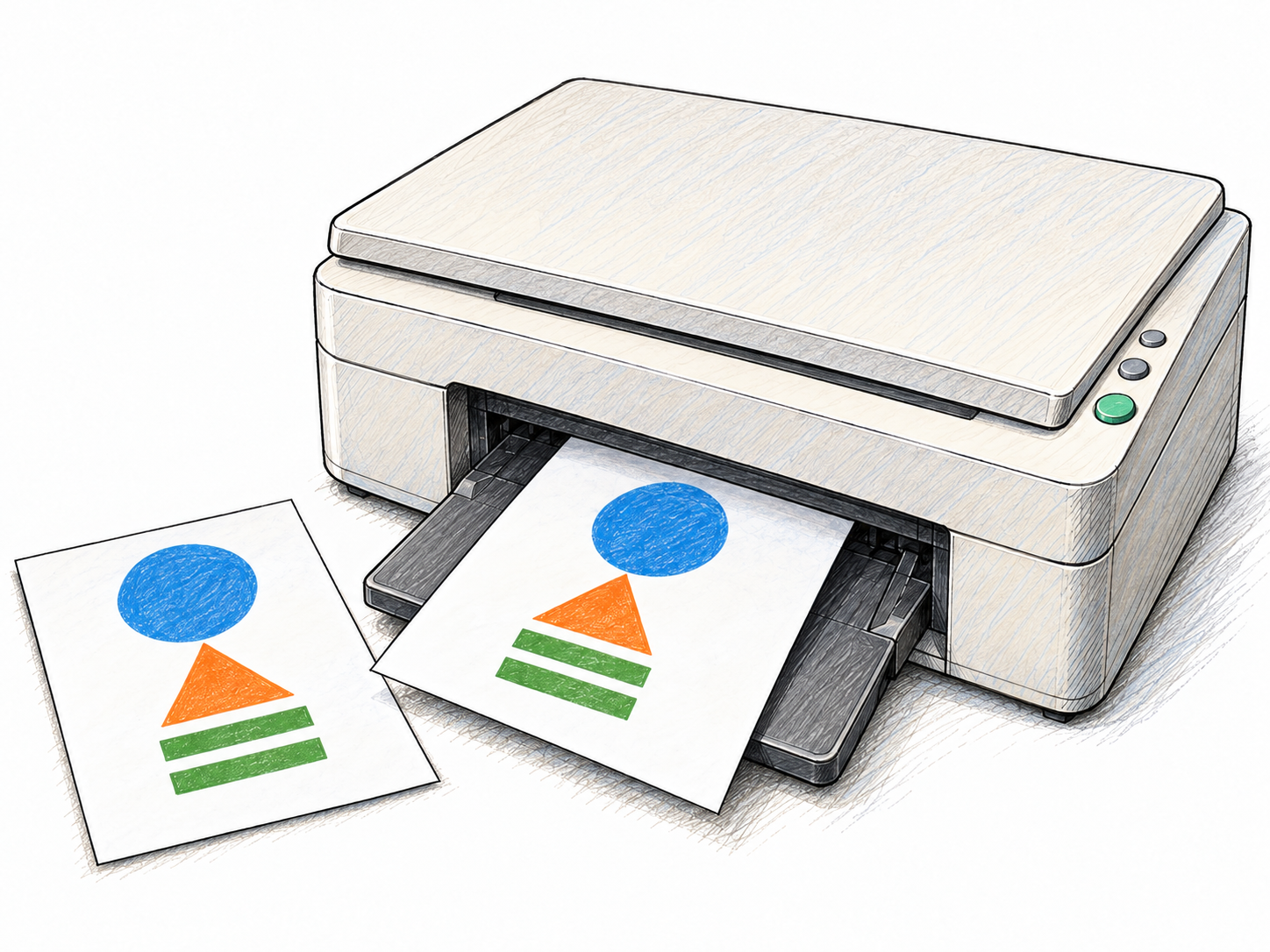 An open flatbed photocopier holds an original sheet with a simple colored geometric design; an identical reproduced sheet emerges into its output tray.