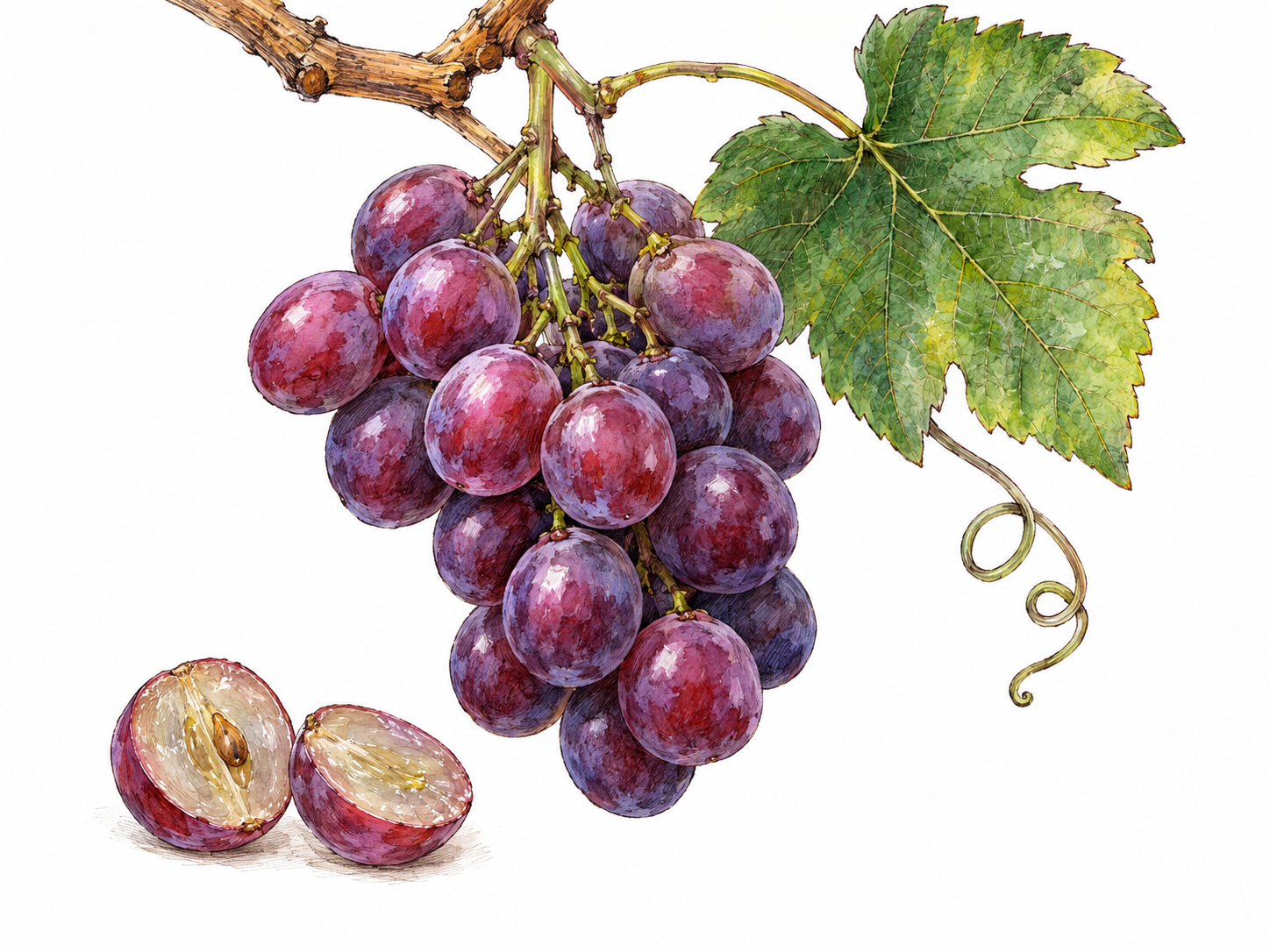 A ripe cluster of purple grapes hanging from a short grapevine with a lobed leaf and curling tendril; a cut grape below reveals its juicy translucent flesh.