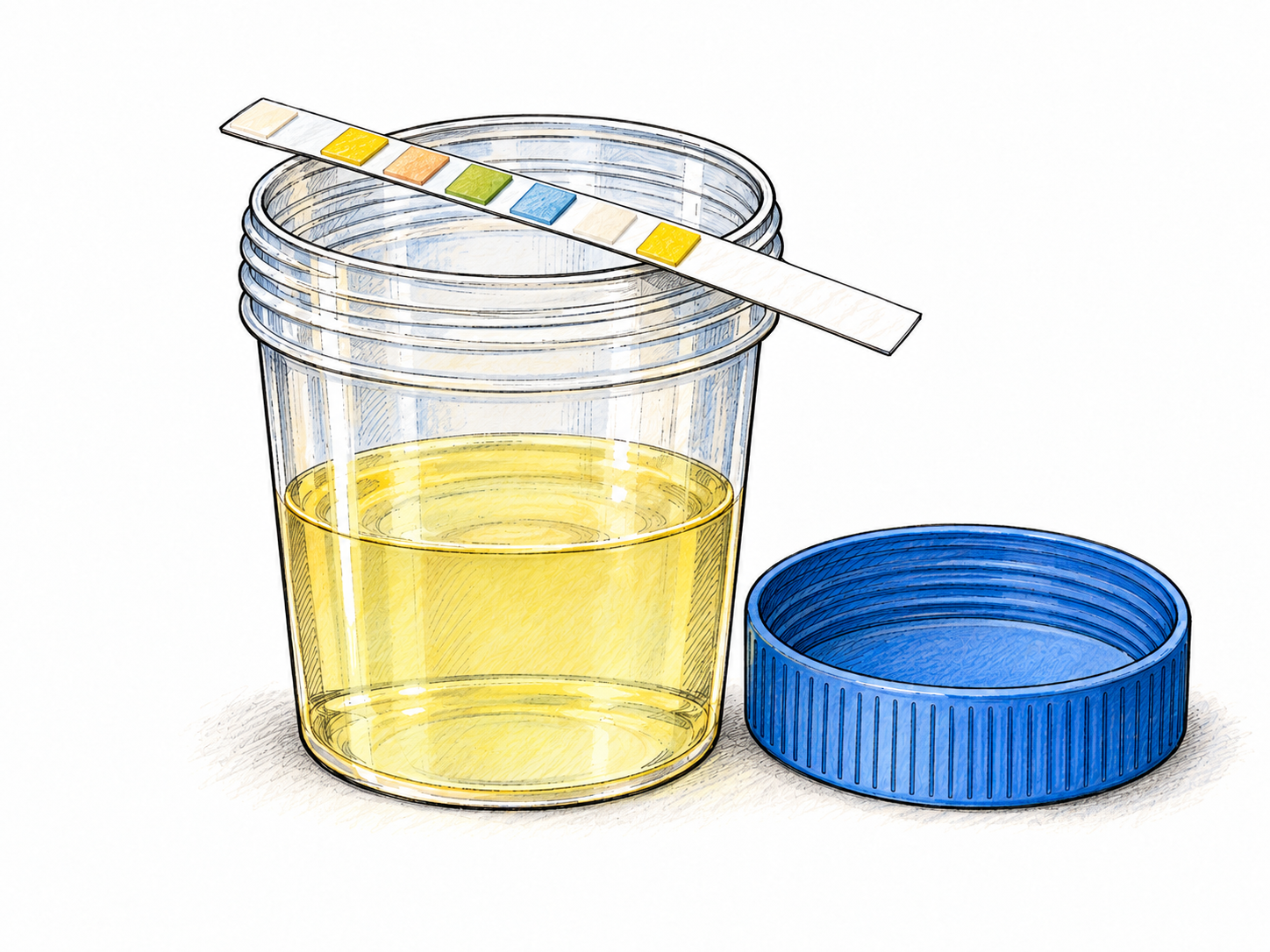 A urine specimen in a clinical collection cup beside a urine-testing strip, emphasizing urine and its chemical analysis.