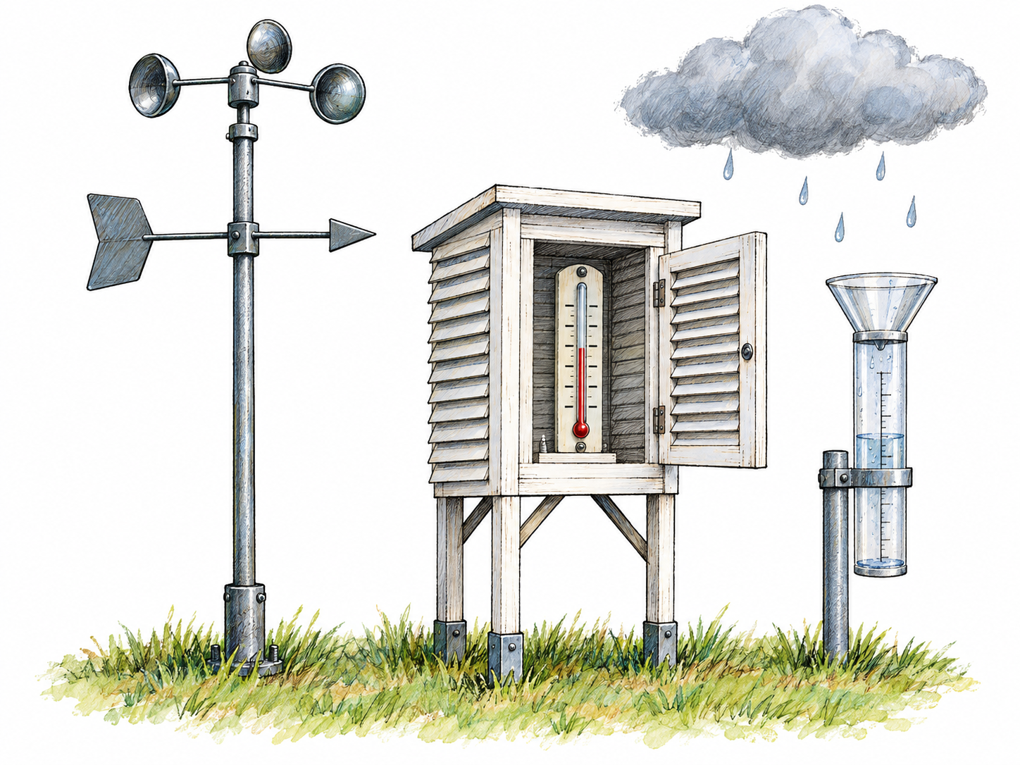 A compact outdoor weather-monitoring station beneath a small rain cloud: a cup anemometer and wind vane on a mast, a rain gauge, and an open louvered instrument shelter showing a thermometer.