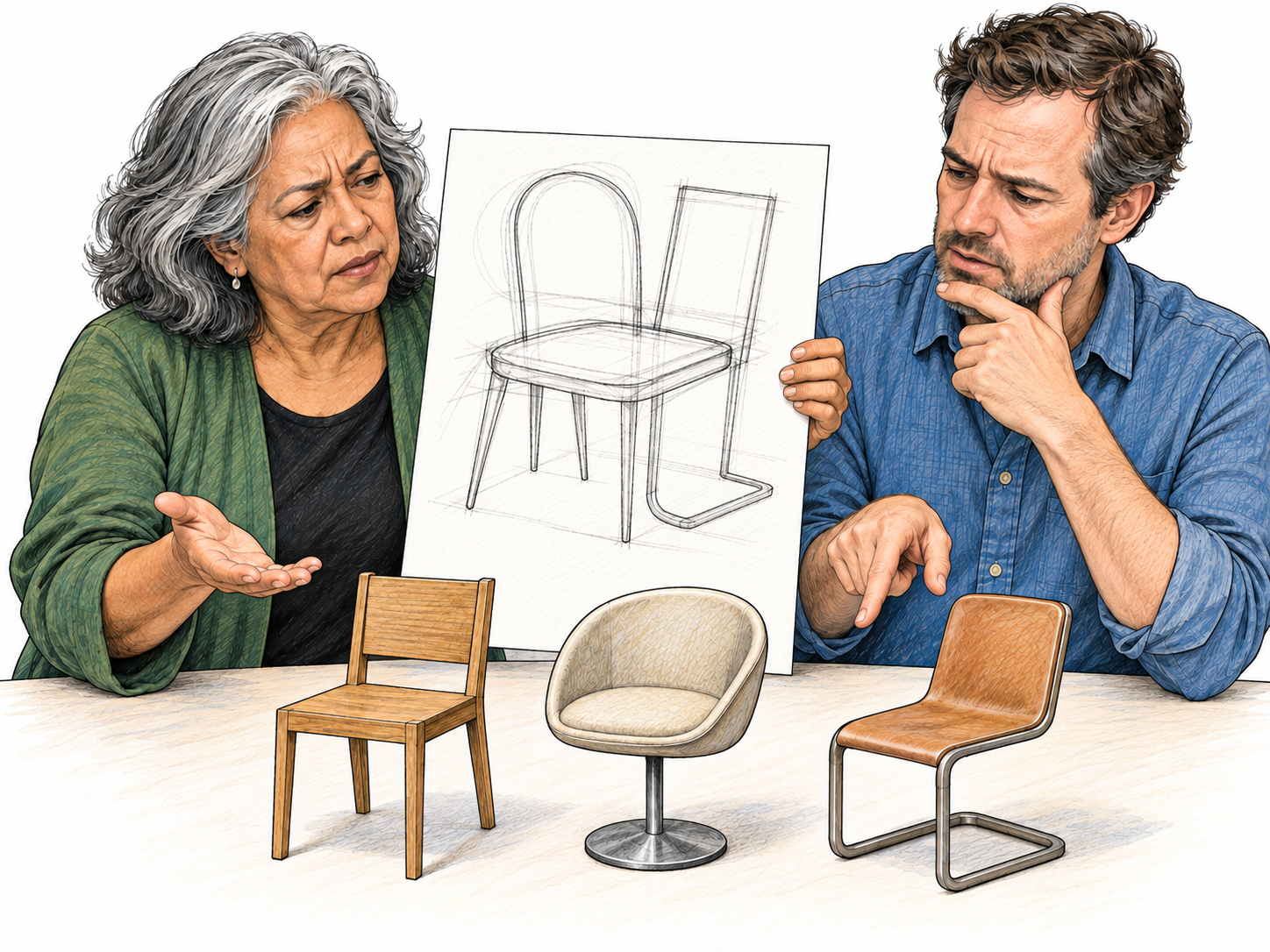 A nebulous furniture-design proposal: an indistinct chair sketch leaves its basic form unresolved, while two collaborators consider markedly different chair models that could fit it.