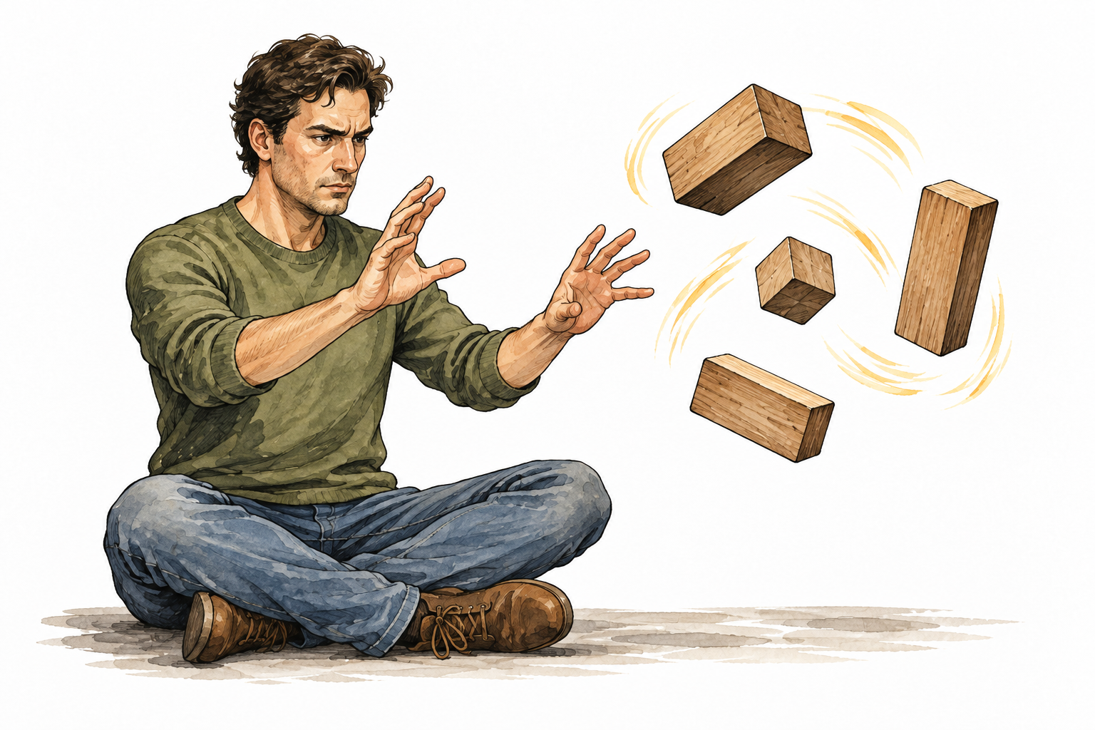 Clearly fictional magical scene: focused adult sits with hands away from several floating wooden blocks, no physical contact, imagined mental movement.
