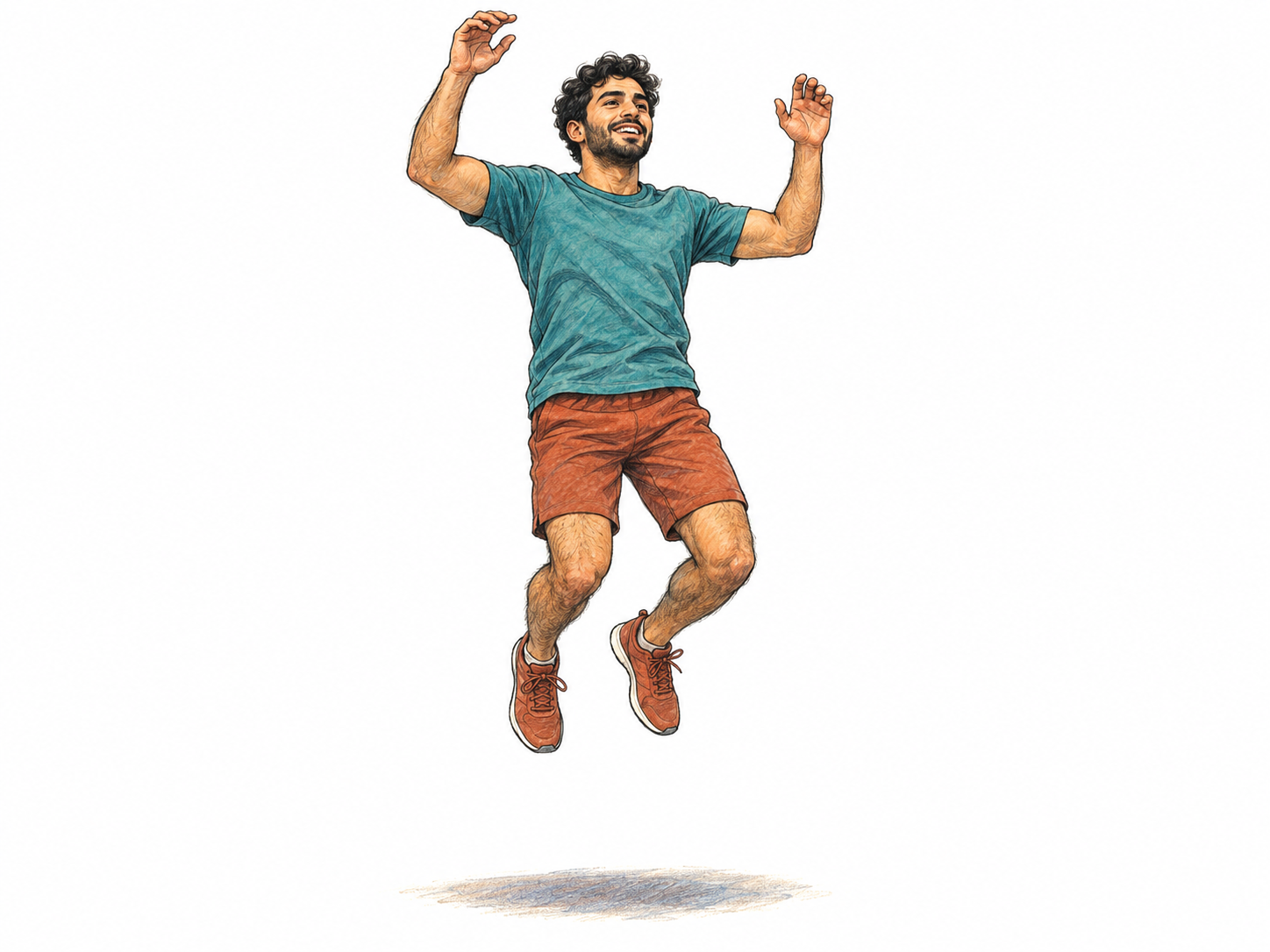 A young man captured mid-jump above level ground, both feet visibly airborne and arms lifted for momentum.