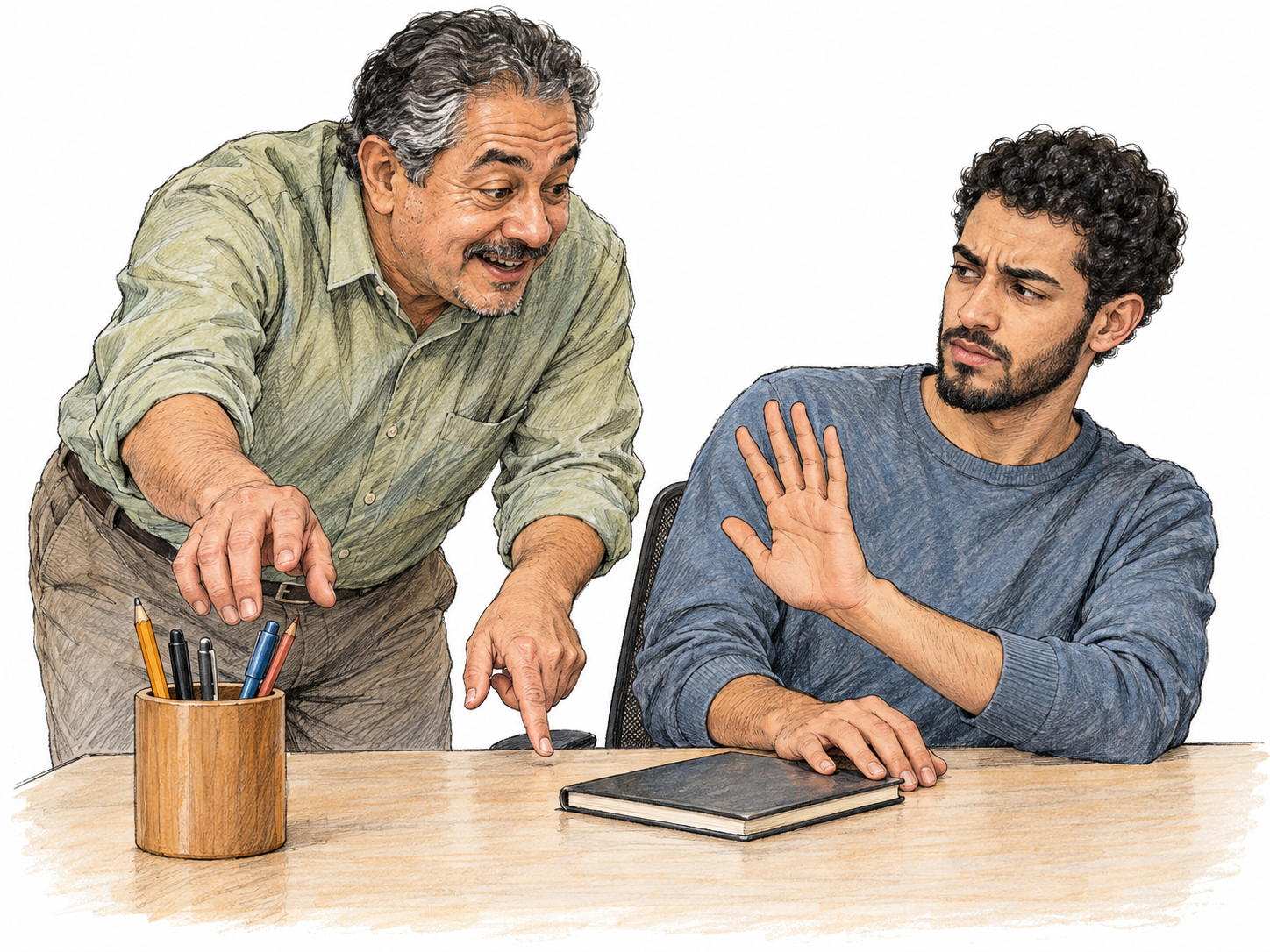 An over-eager coworker intrudes on a man's tidy workspace, reaching to rearrange his supplies while pointing instructions; the man protects his workspace with a polite but firm stop gesture.