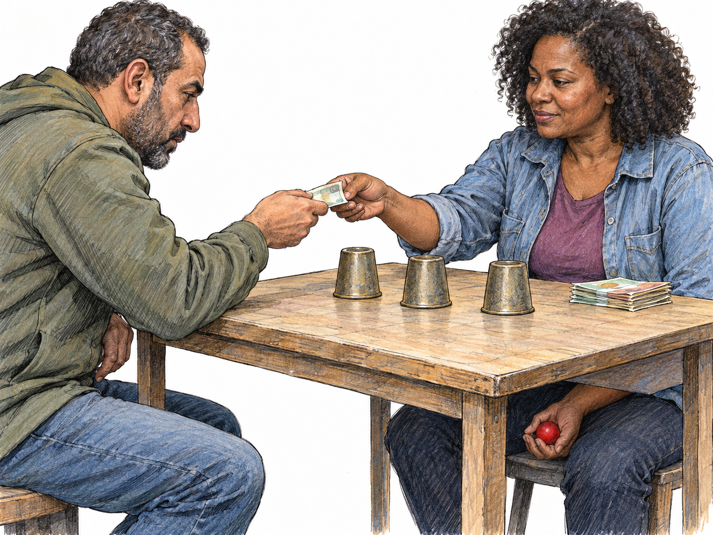 A dishonest shell-game operator secretly palms the ball below the table while accepting a customer's wager, making both the deception and its monetary purpose visible.
