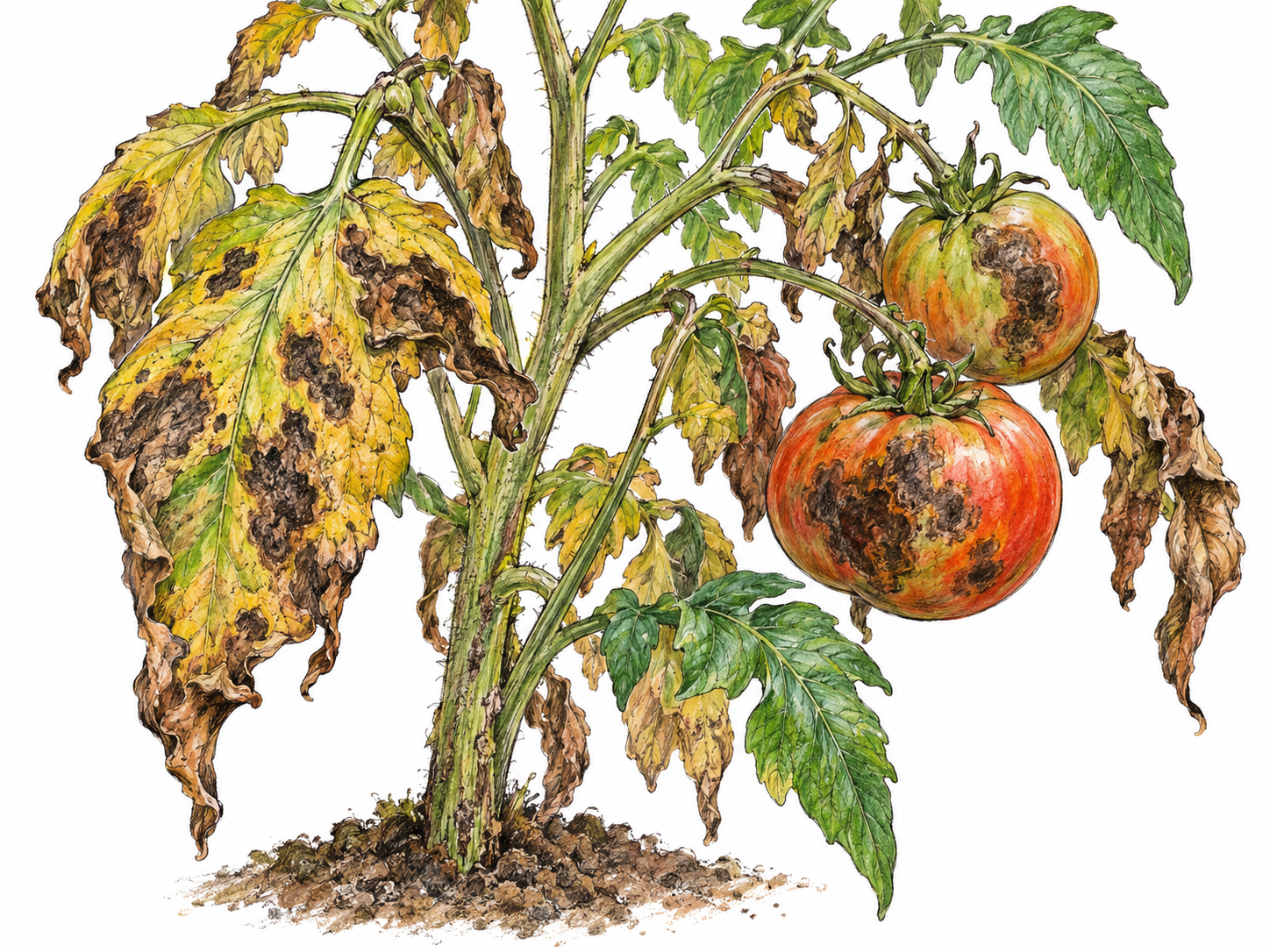 A close view of a blighted tomato plant: irregular dark lesions spread across yellowing leaves, several leaves curl and collapse, and attached tomatoes show brown rot.