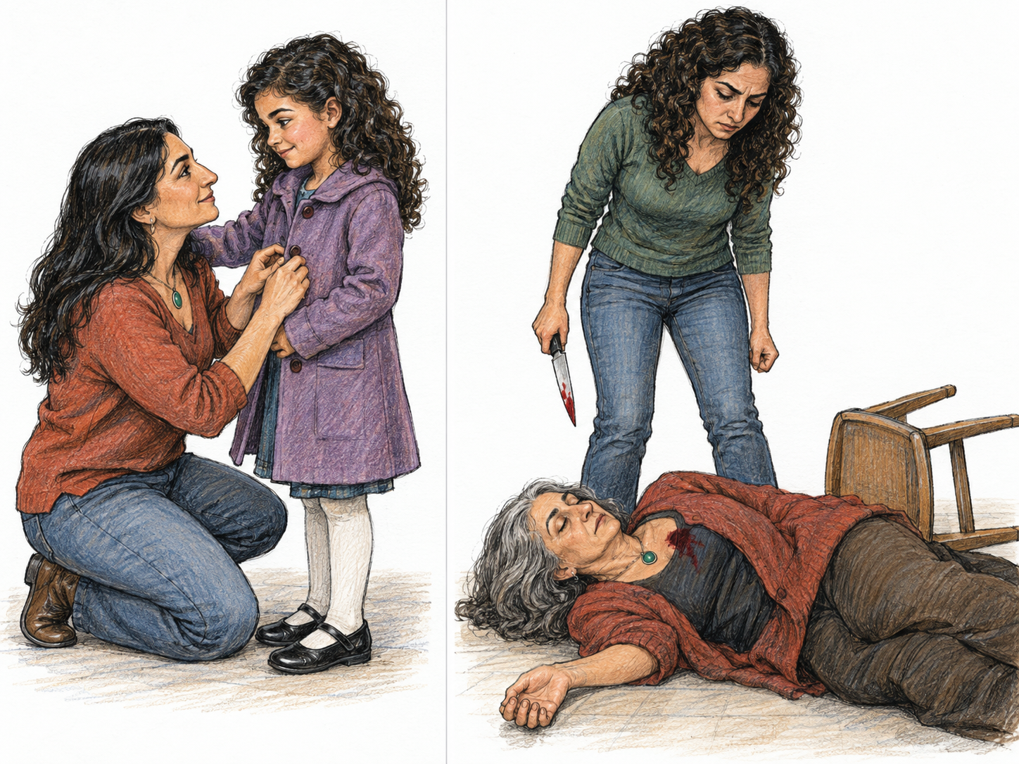 A compact two-scene sequence connects an unmistakable mother–daughter childhood relationship to the adult daughter killing her now-elderly mother, without graphic injury or explanatory text.