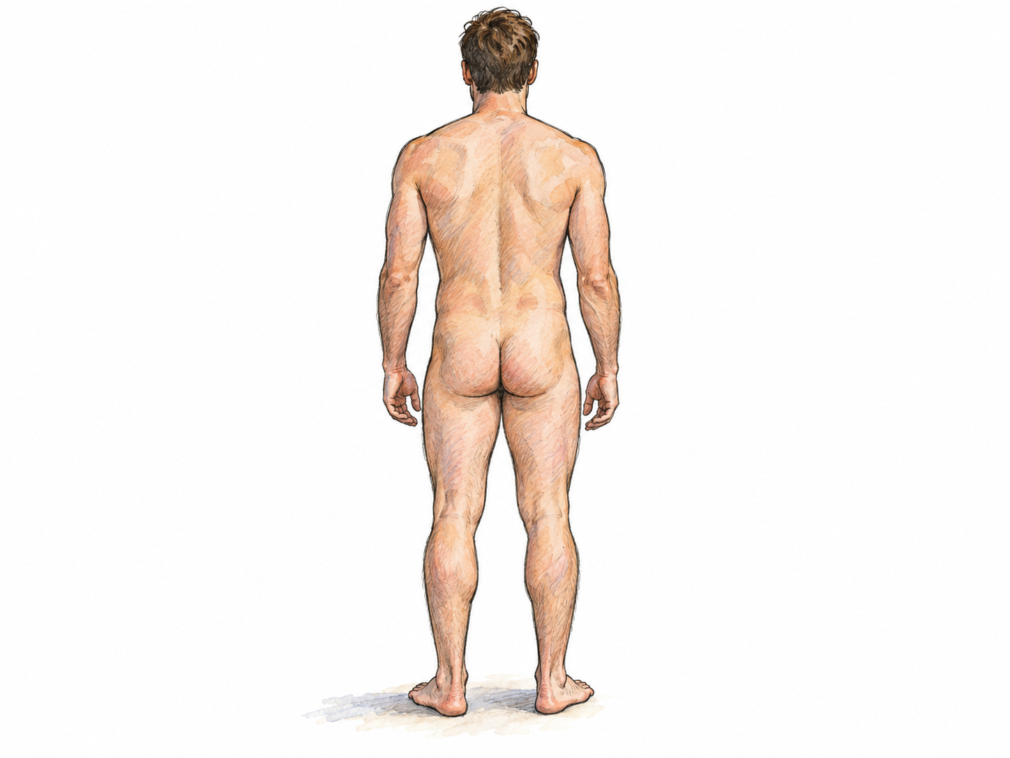 A plainly unclothed adult man seen from behind in a neutral, nonsexual standing pose, with his entire figure visible and no clothing or accessories.