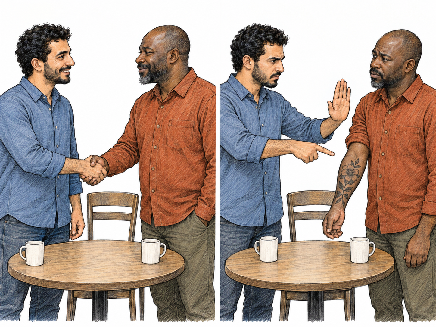 An initially welcoming man becomes rejecting when his visitor rolls up a sleeve and reveals a harmless floral tattoo: intolerance toward another person's appearance and self-expression.