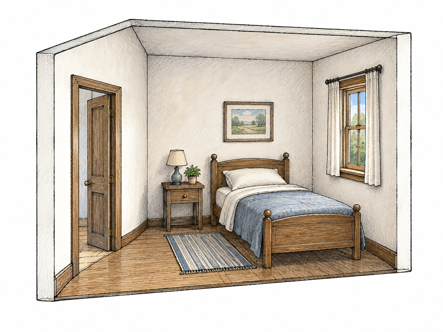 Simple cutaway enclosed bedroom shows three walls, doorway, single bed and small window, clear interior enclosure, white outside walls.