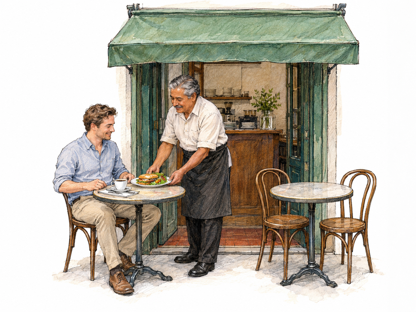 A compact, informal street-front restaurant with two tiny tables: a casually dressed diner receives a simple plated lunch from an older server.
